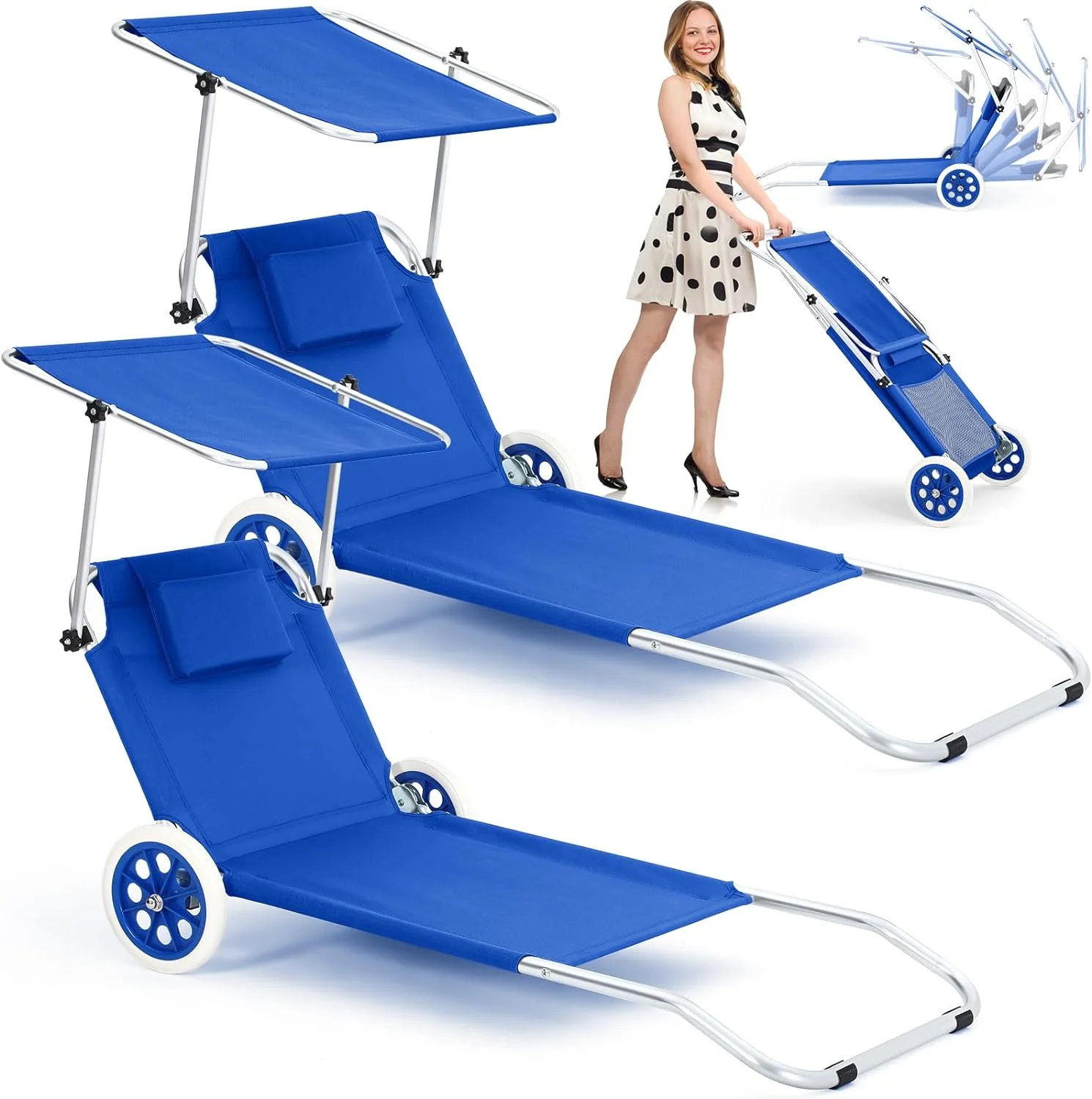 2 Pack Portable Outdoor Chaise Lounge Chairs with Wheels Folding Beach Lounge Chair with Canopy Sun Shade and Pillow, Adjustable Sunbathing Lounge Chair for Outdoor Beach Pool