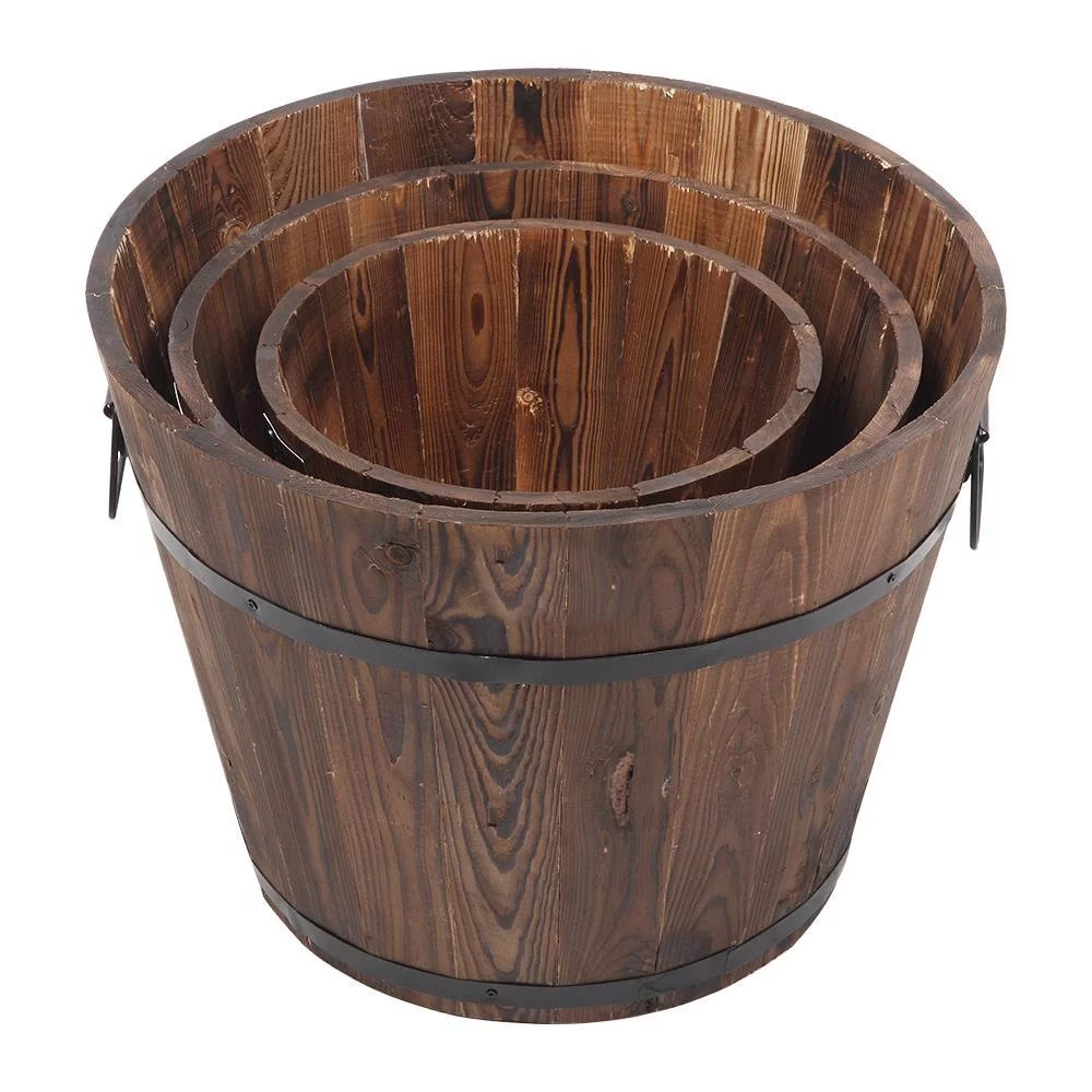 SamyoHome Wooden Bucket Barrel Planters, Rustic Patio Planters Flower Pots