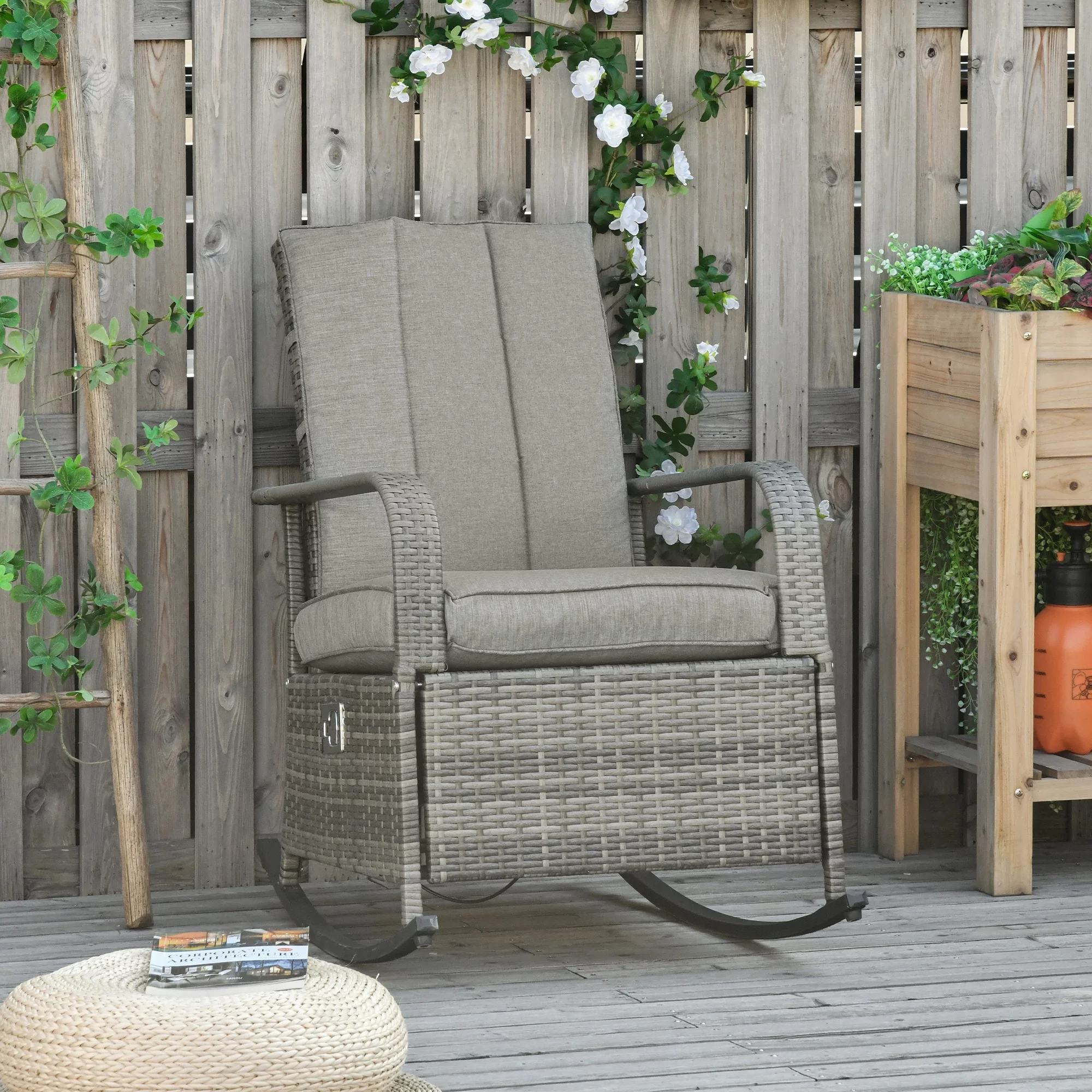 Outdoor Wicker Rocking Chair, Patio Rattan Rocking Chair with High Back, Seat Cushion, Pillow, Weight Capacity 352 lbs