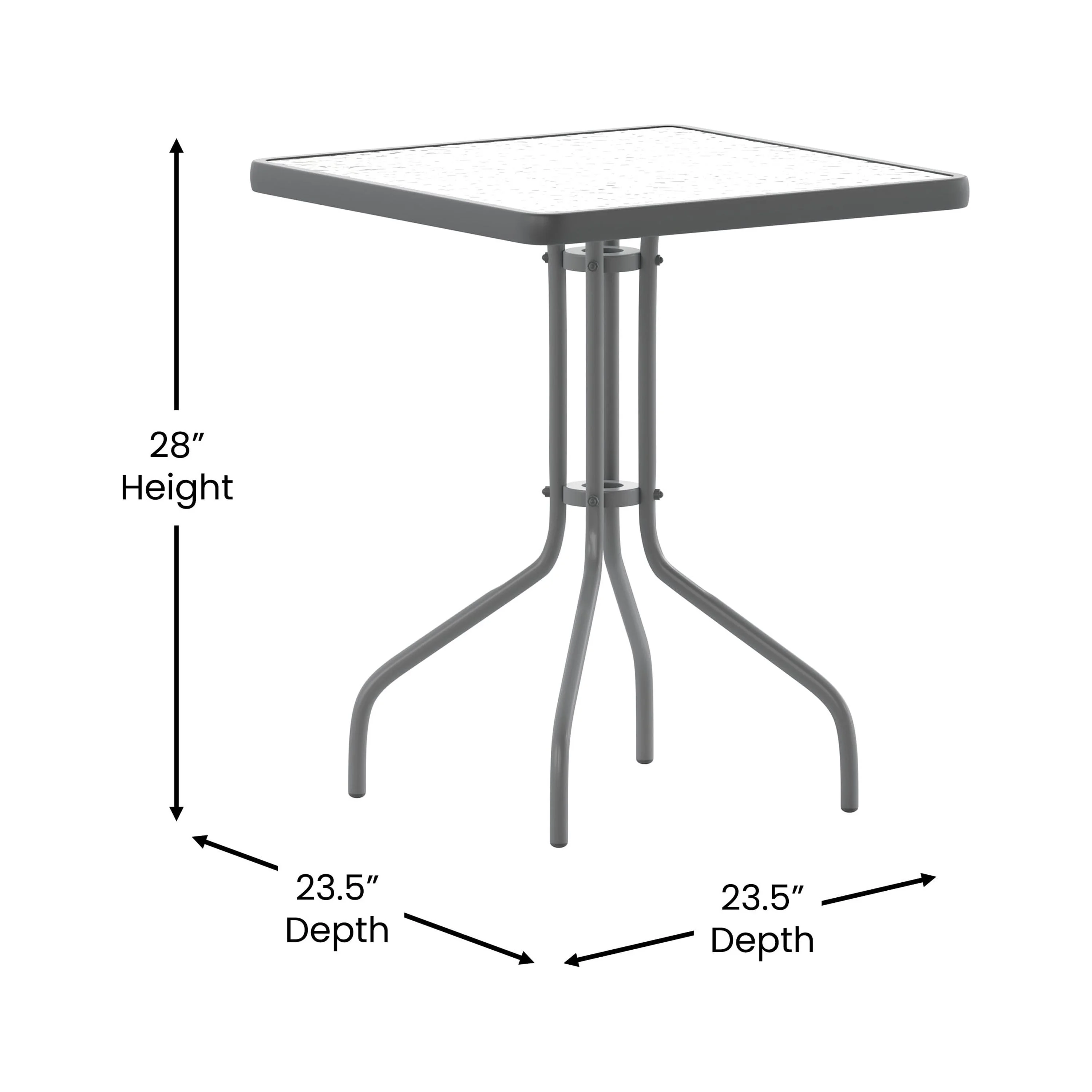Emma + Oliver 23.5'' Square Glass Top Metal Table with 2 Silver Aluminum Slat Stack Chairs