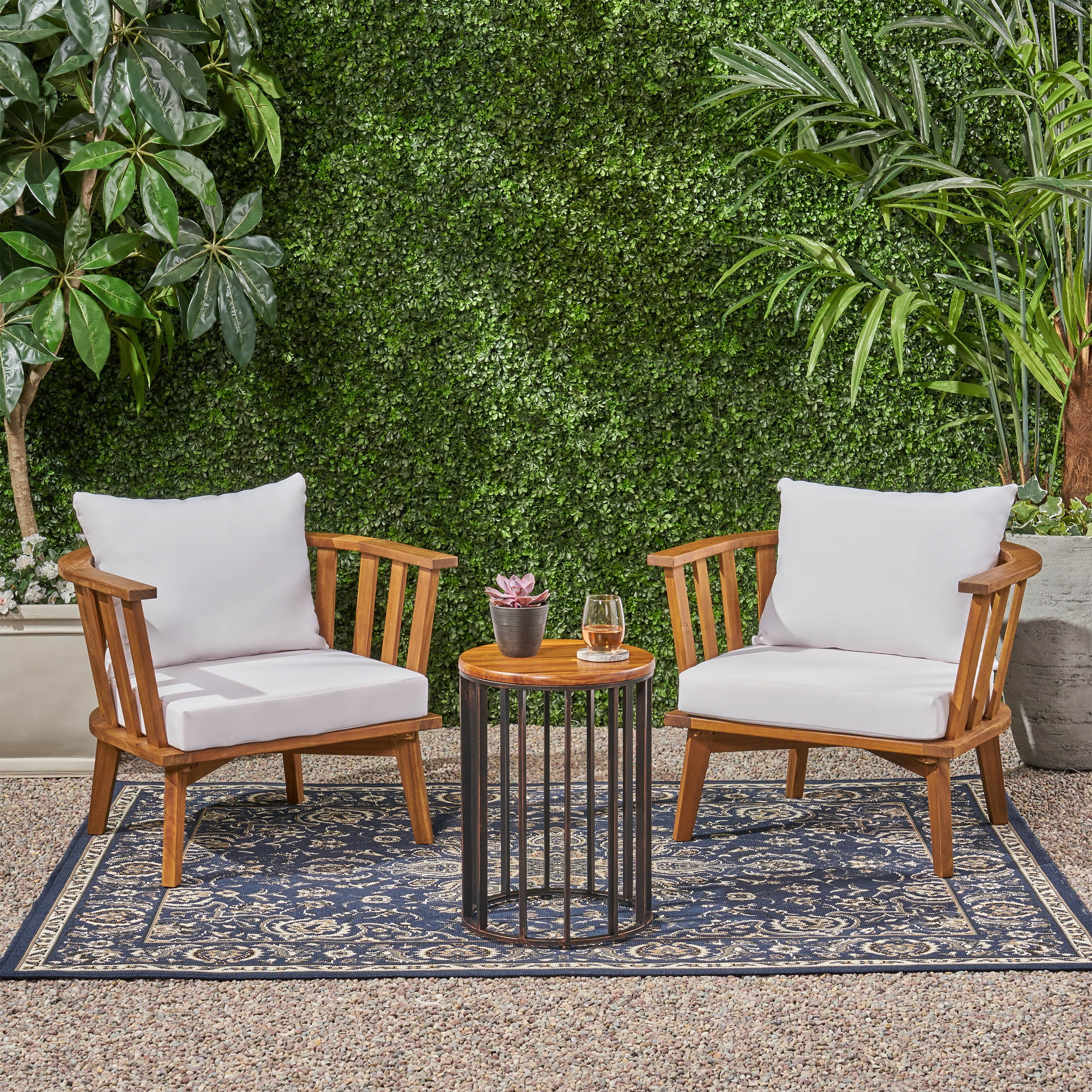 Noble House Horatio Outdoor  2 Seater Club Chairs and Side Table Set Teak
