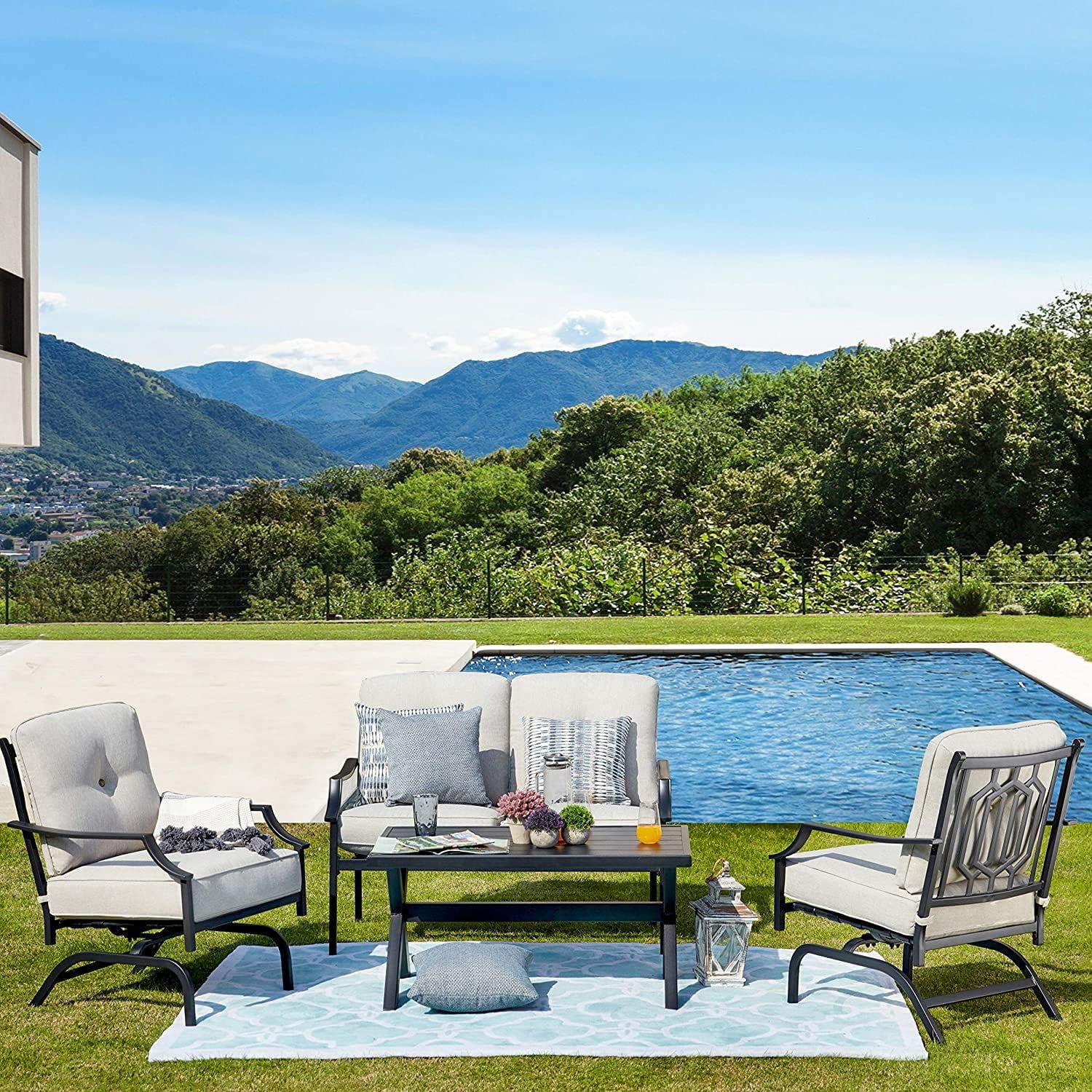 Dina 4 PCS Patio Furniture Conversation Set Outdoor Furniture Set Metal Chairs w/All Weather Cushioned Love Seat Poolside Lawn Chair Coffee Table (Grey)