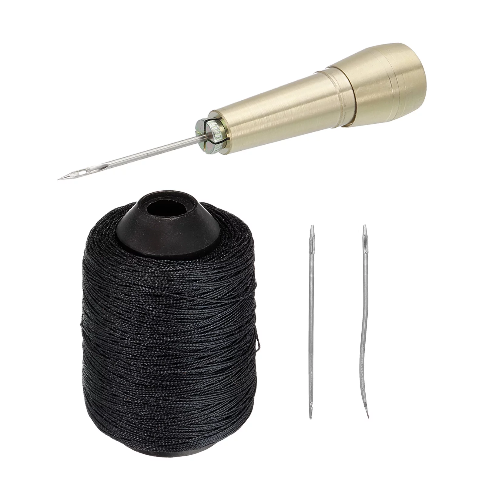 Uxcell Shoe Repair Tool Sewing Set with Black Lines Thread, 3 Needle Sewing Awl, Copper Handle 5in1 Set