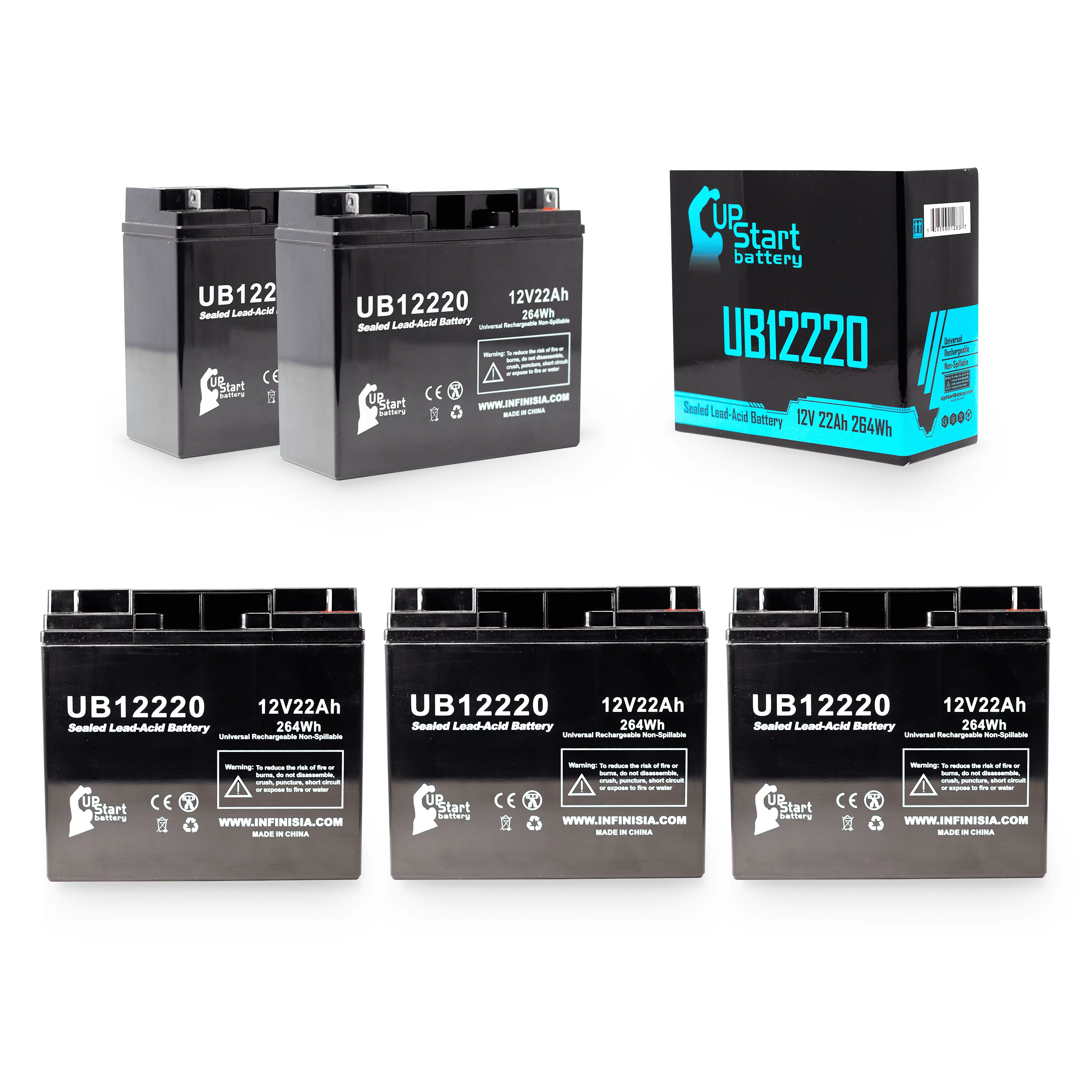 5x Pack - Compatible Hitachi HP1512P Battery - Replacement UB12220 Universal Sealed Lead Acid Battery (12V, 22Ah, 22000mAh, T4 Terminal, AGM, SLA)