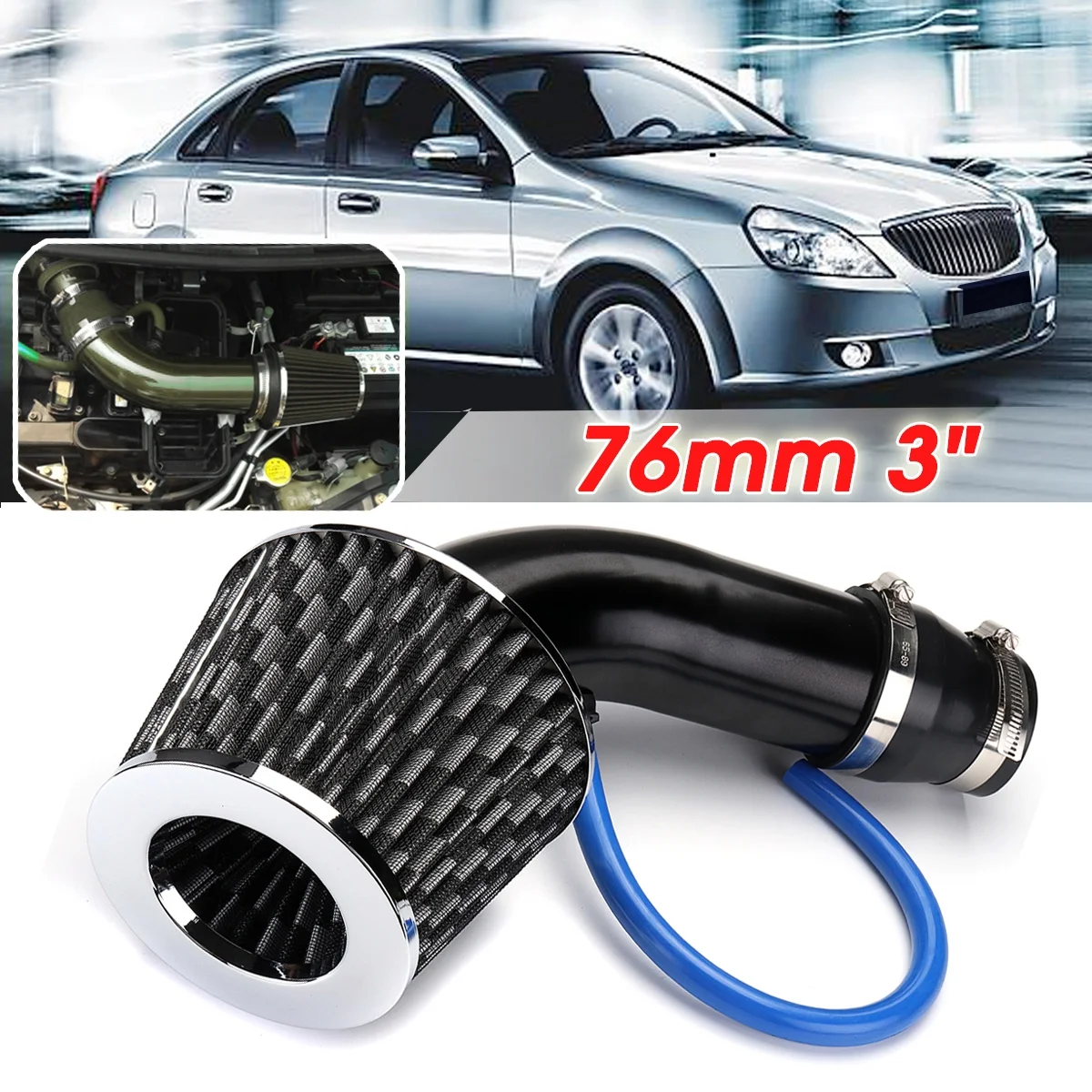 Universal 76mm/3in Car Automobile Racing Cold Air Intake Filter Alumimum Pipe Power Flow Kit, Air Filter Pipe Kit, Car Modified Accessory