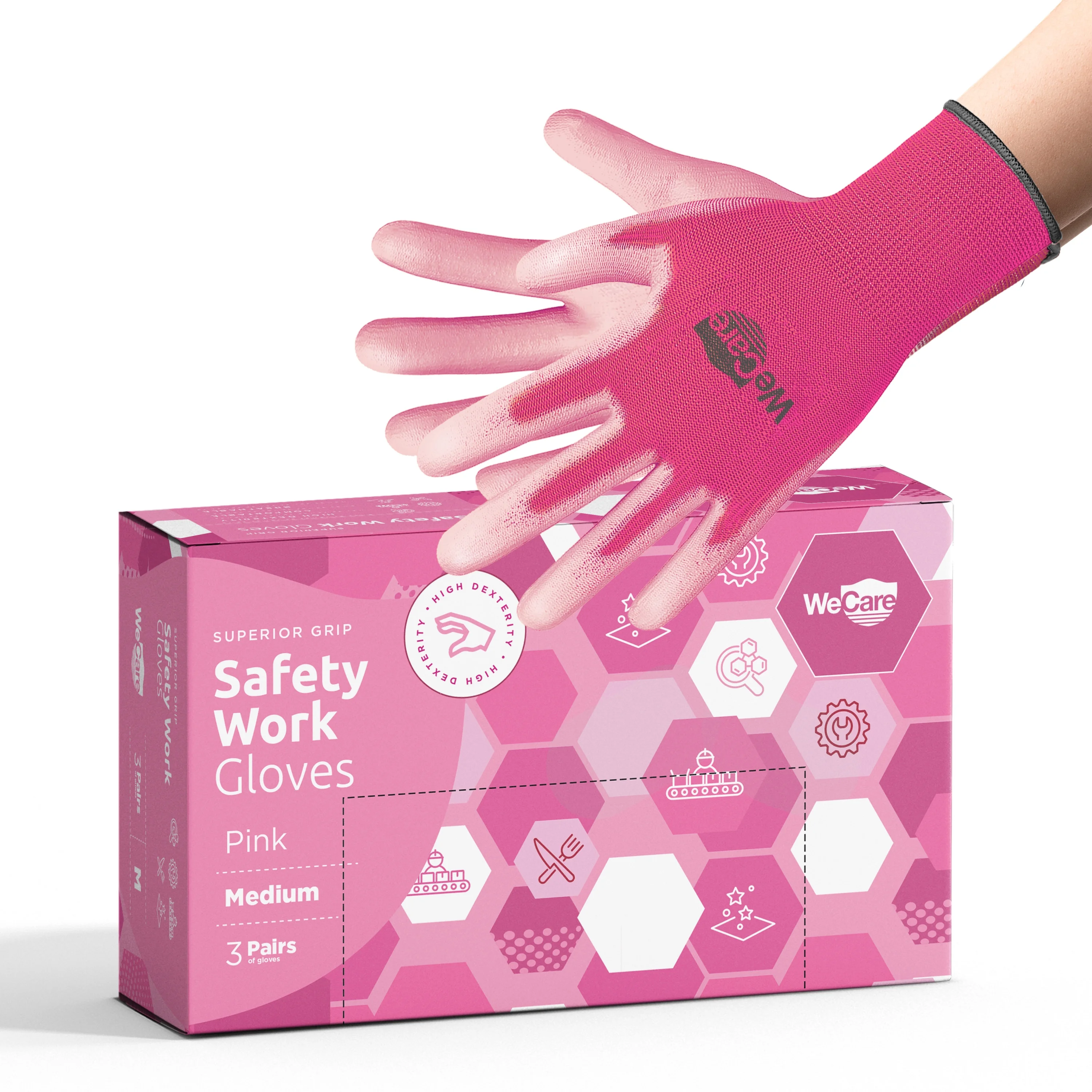WeCare Safety Work Gloves PU Coated, Superior Grip (Medium) - 3-Pair - Pink