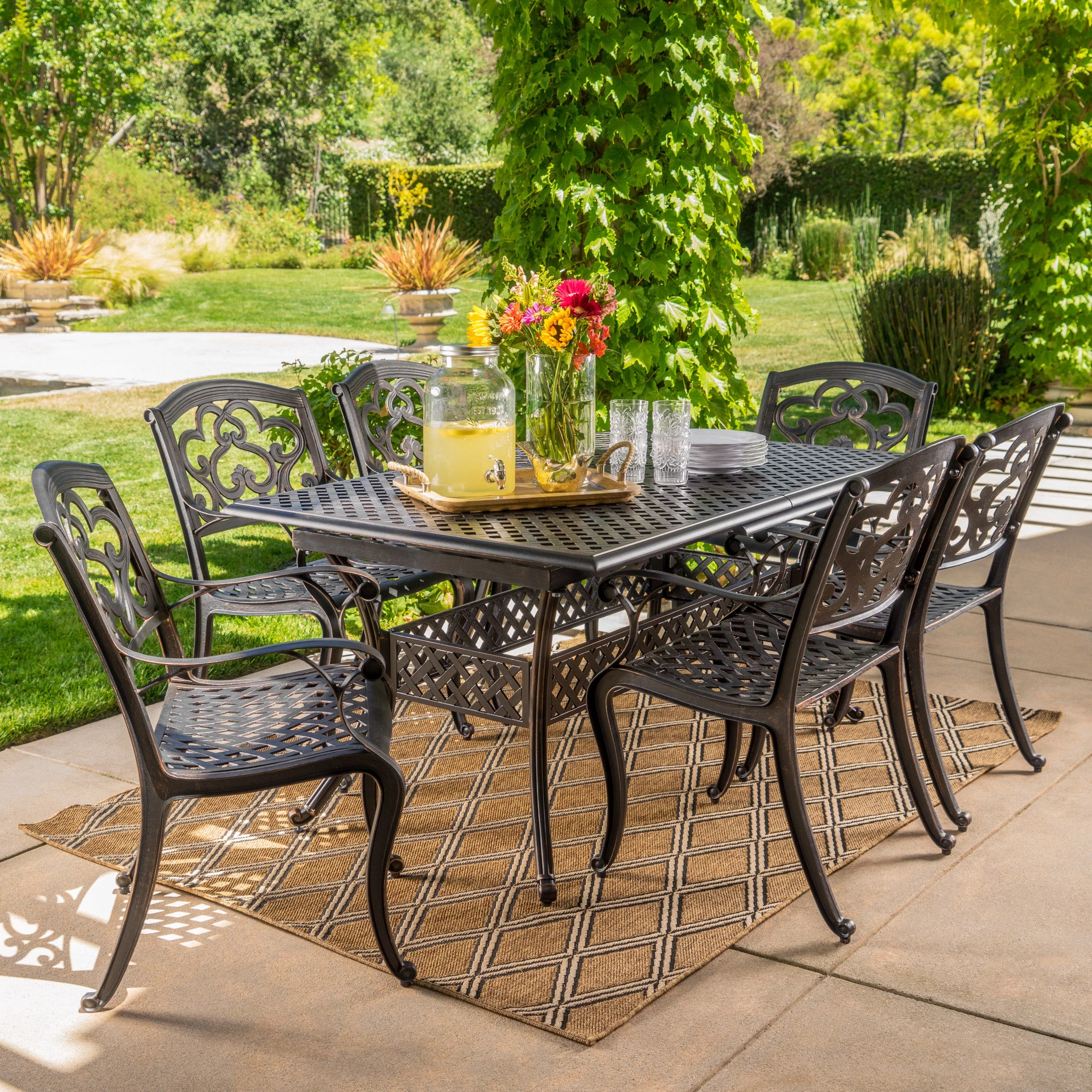 Boone Outdoor 7 Piece Cast Aluminum Dining Set with Leaf, Shiny Copper Finish