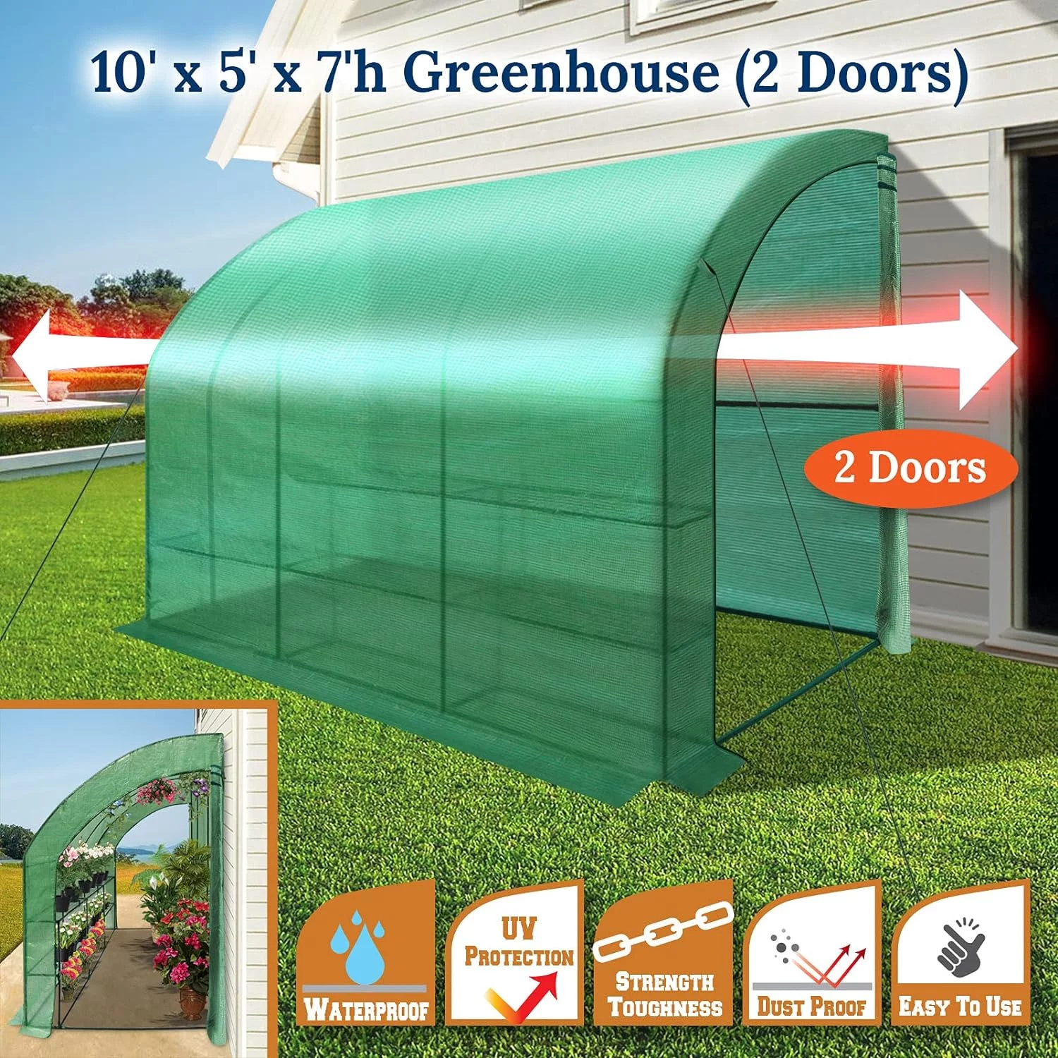 outdoor large walk-in wall greenhouse portable waterproof hot house 10x5x7'h w 3 tiers/6 shelves gardening (green(2 door))