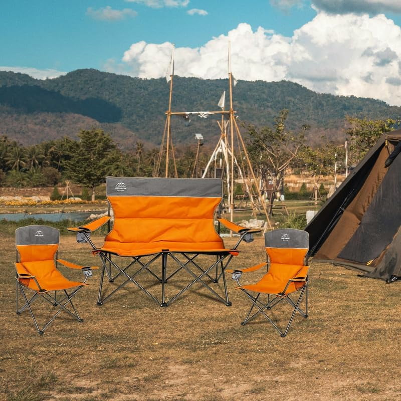3 Piece Portable Camping Chairs Set,Folding Lawn Chair Set with Cup Holder,Outdoor Heavy Duty Comfy Chairs,Loveseat Chair Perfect for Family Hiking,Picnics and Beach Trips,Orange