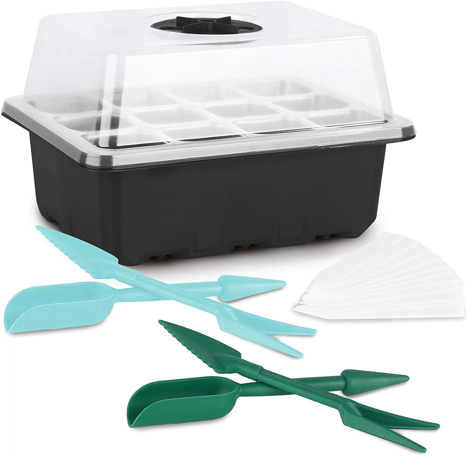 Alotpower 10 Pack Seed Trays Seedling Starter Tray, Humidity Adjustable Plant Starting Kit with Dome and Base Greenhouse Grow Set Mini Propagator for Seeds Growing Starting (12 Cells per Tray, Black)