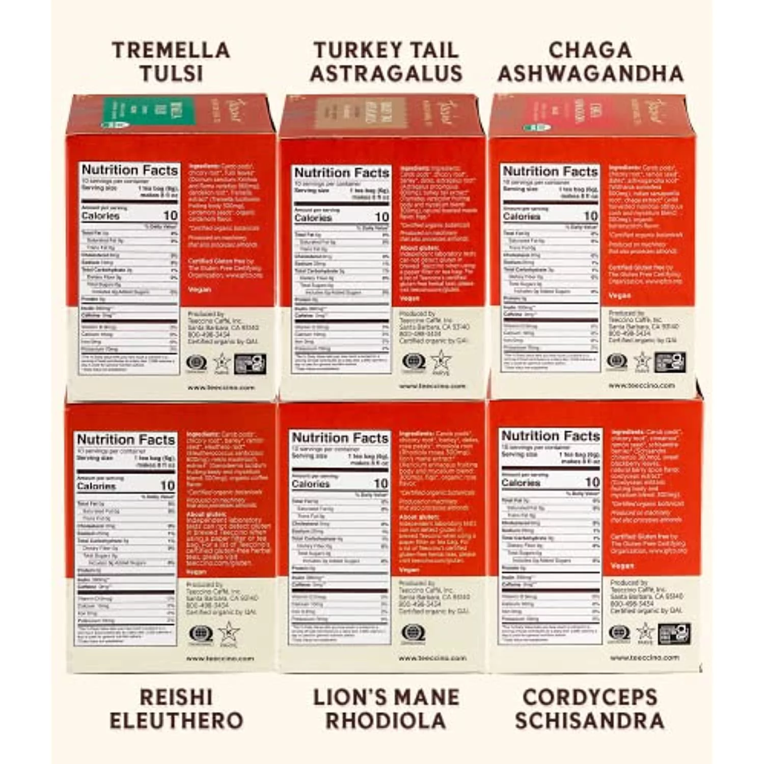 Teeccino Mushroom Tea Variety Pack – Chaga Ashwagandha, Reishi Eleuthero, Lions Mane Rhodiola, Tremella Tulsi, Turkey Tail Astragalus, Cordyceps Schisandra – Roasted Herbal Tea That’S Caffeine Fr