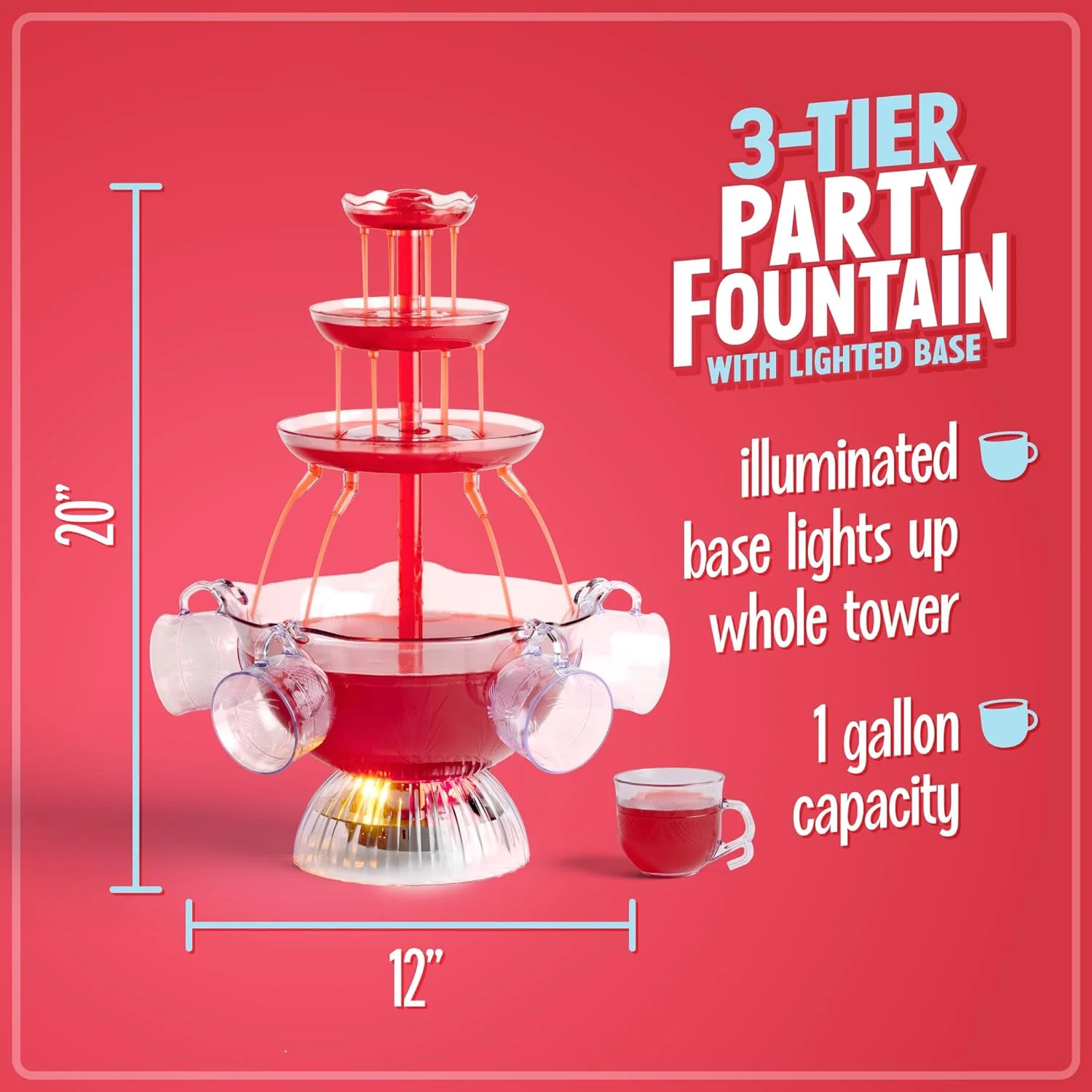 Nostalgia 3-Tier Party Fountain, Holds 1.5 Gallons, LED Lighted Base, Includes 8 Reusable Cups, 1.5 Gallon, Clear