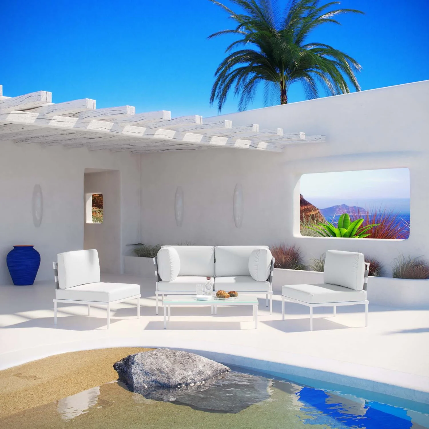 Lounge Sectional Sofa Table Set, White, Aluminum Metal, Outdoor Patio Balcony Cafe Bistro Garden Hospitality Restaurant, Modern Contemporary HB33096