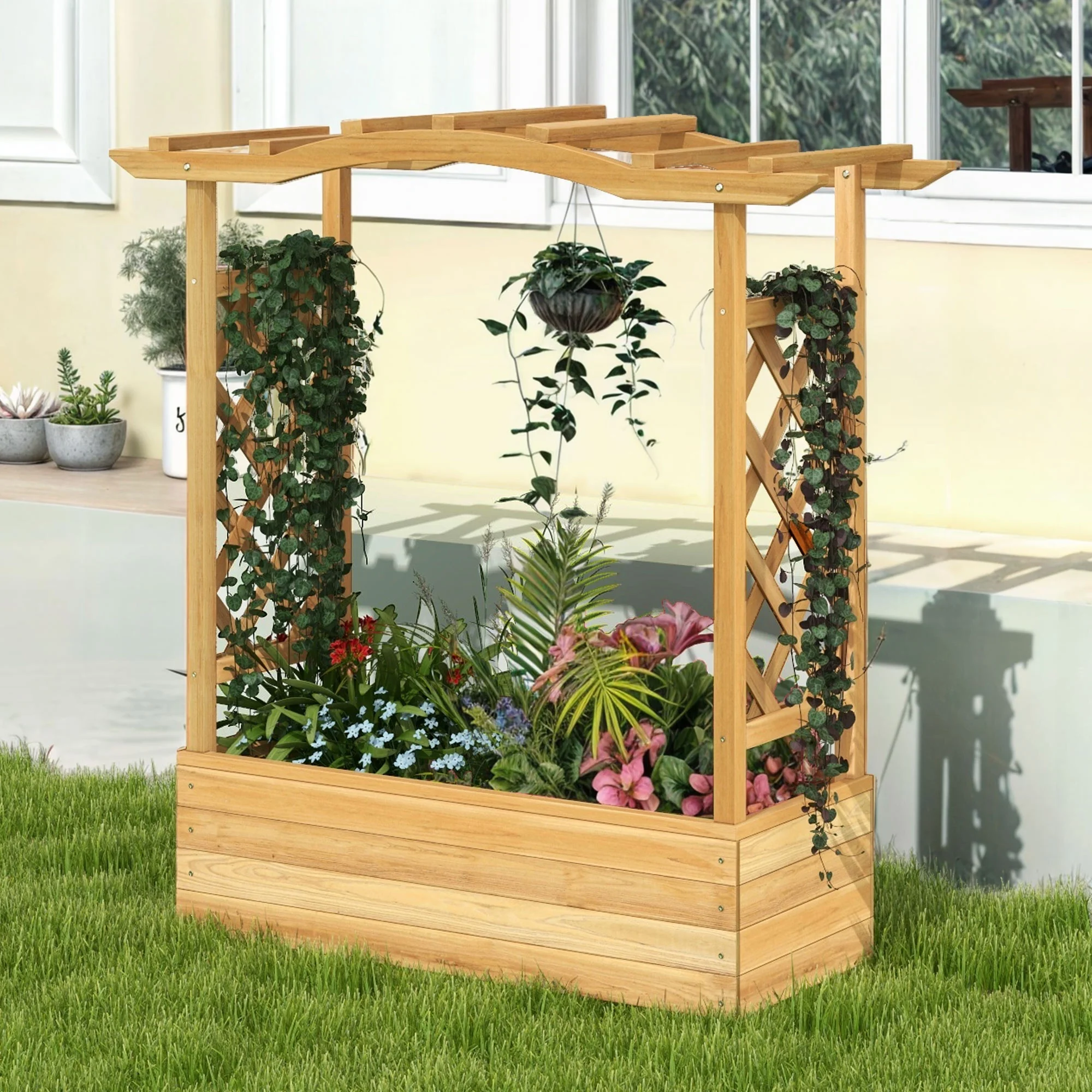 Dextrus Raised Garden Bed with Trellis Hanging Roof, Wood Planter Box with Drainage Holes for Climbing Plants Flowers, Natural
