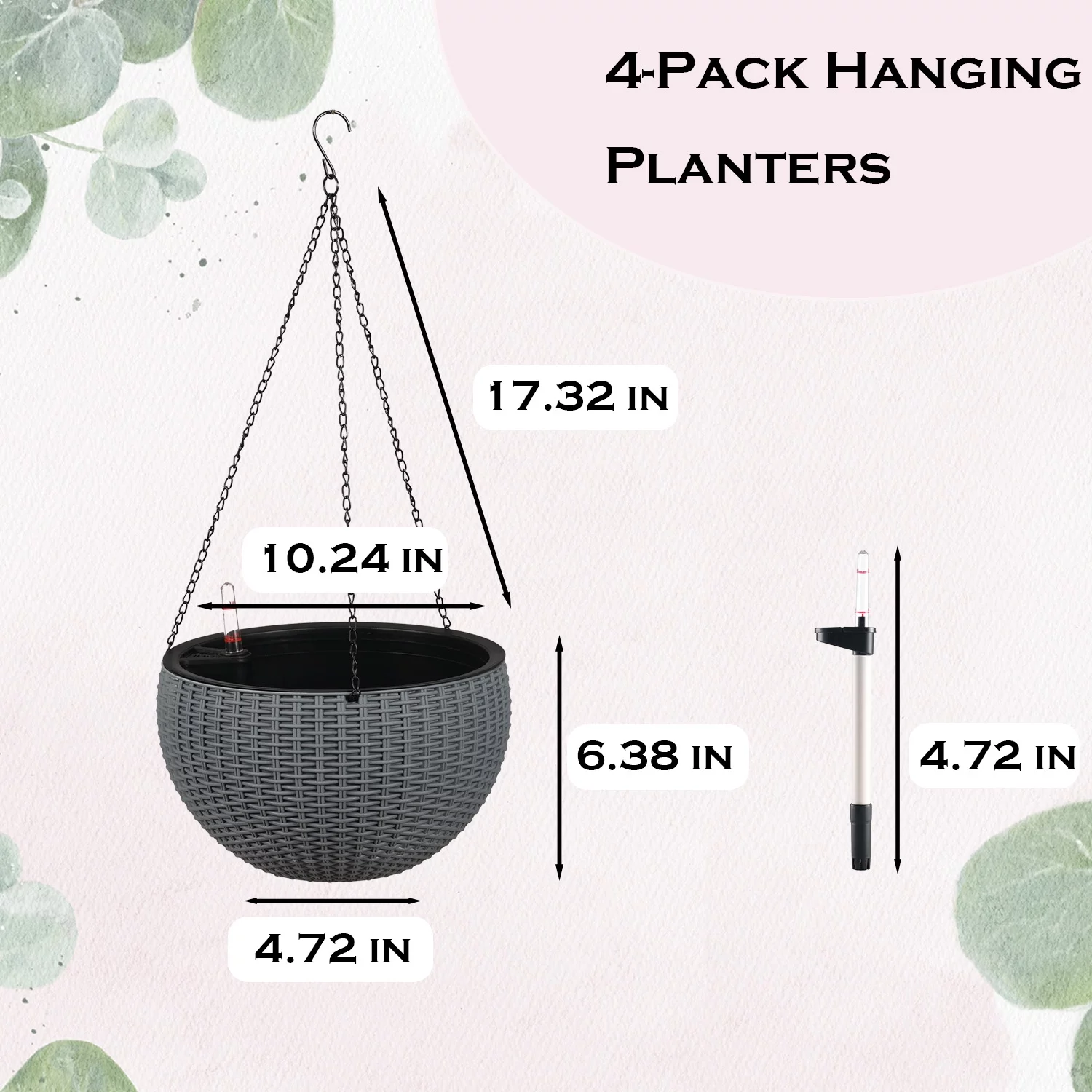 Aoodor 4 Pack Self-Watering Hanging Planters, 10 inch Dual-pots Design Hanging Baskets with Water Level Indicator, Drainer and Chain for Indoor Outdoor Gardening