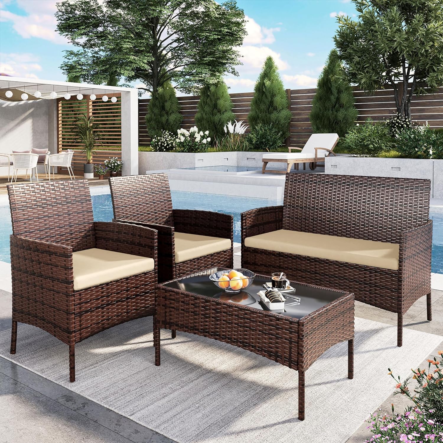 Dina Patio Furniture 4 Pieces Outdoor Wicker Rattan Chair Balcony Conversation Sets Porch Furniture Sectional Loveseat w Cushions and Table for Backyard Pool Garden (Brown-Blue)