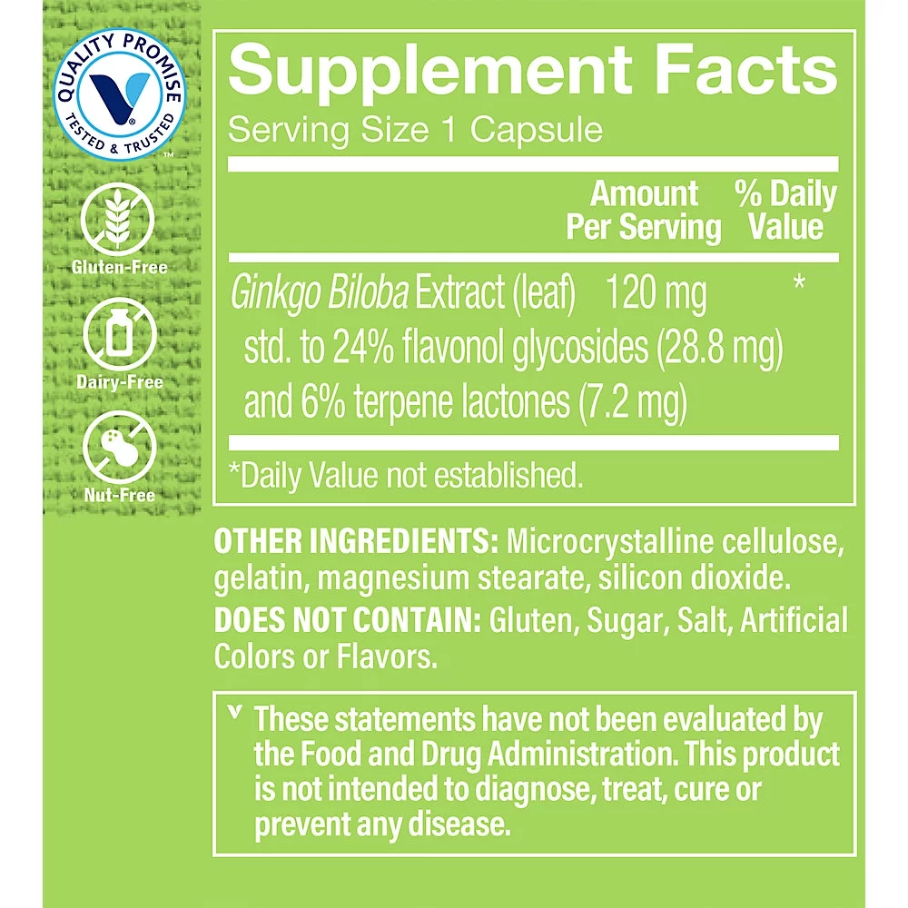 The Vitamin Shoppe Ginkgo Biloba Extract 120MG & 24% Ginkgo Flavonolglycosides, Supports Memory & Circulation, Healthy Aging Herbal Supplement (60 Capsules)