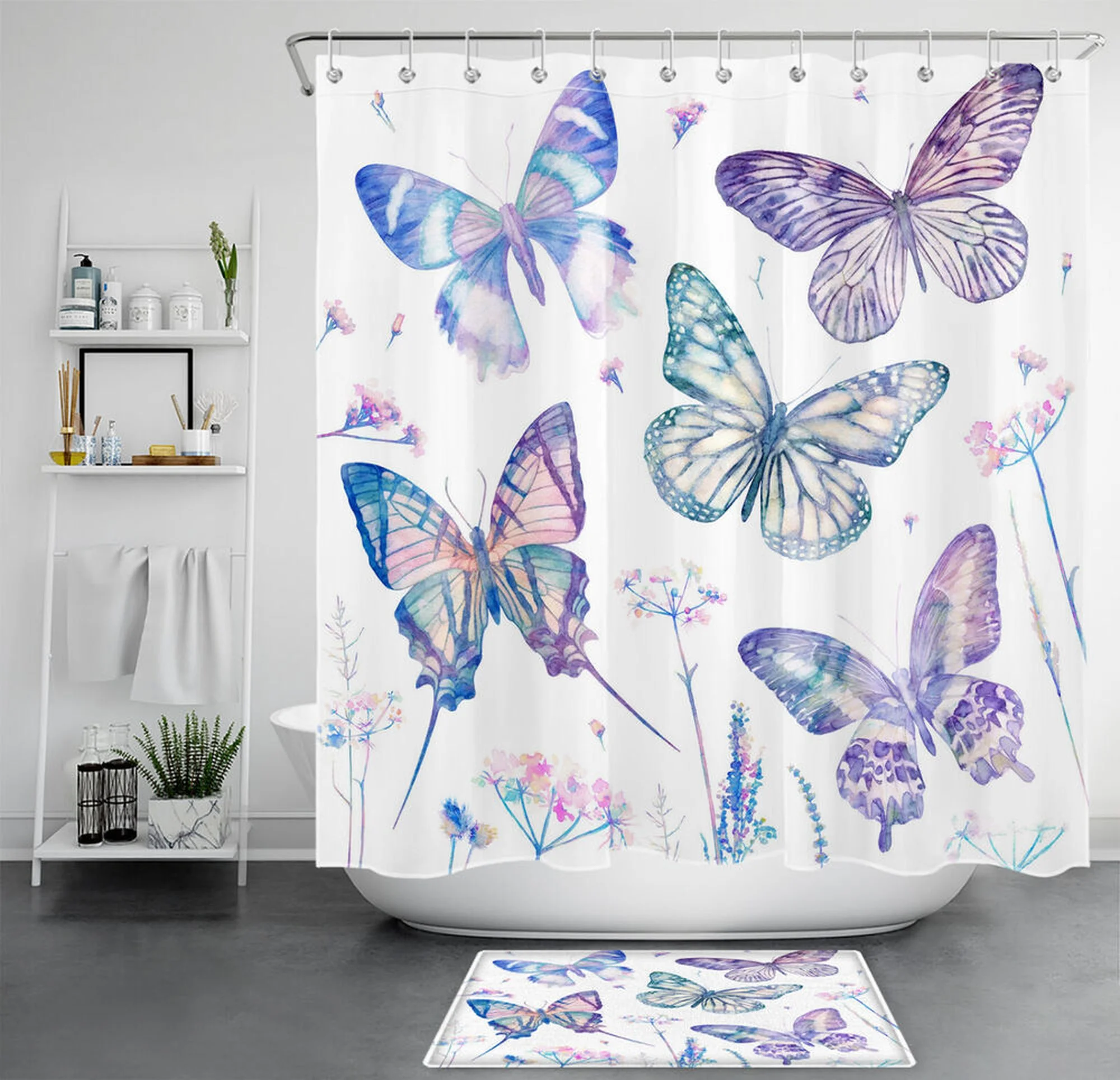 Wildflower Dreams Shower Curtain Set: Purple Watercolor Butterflies Bring Nature Indoors
