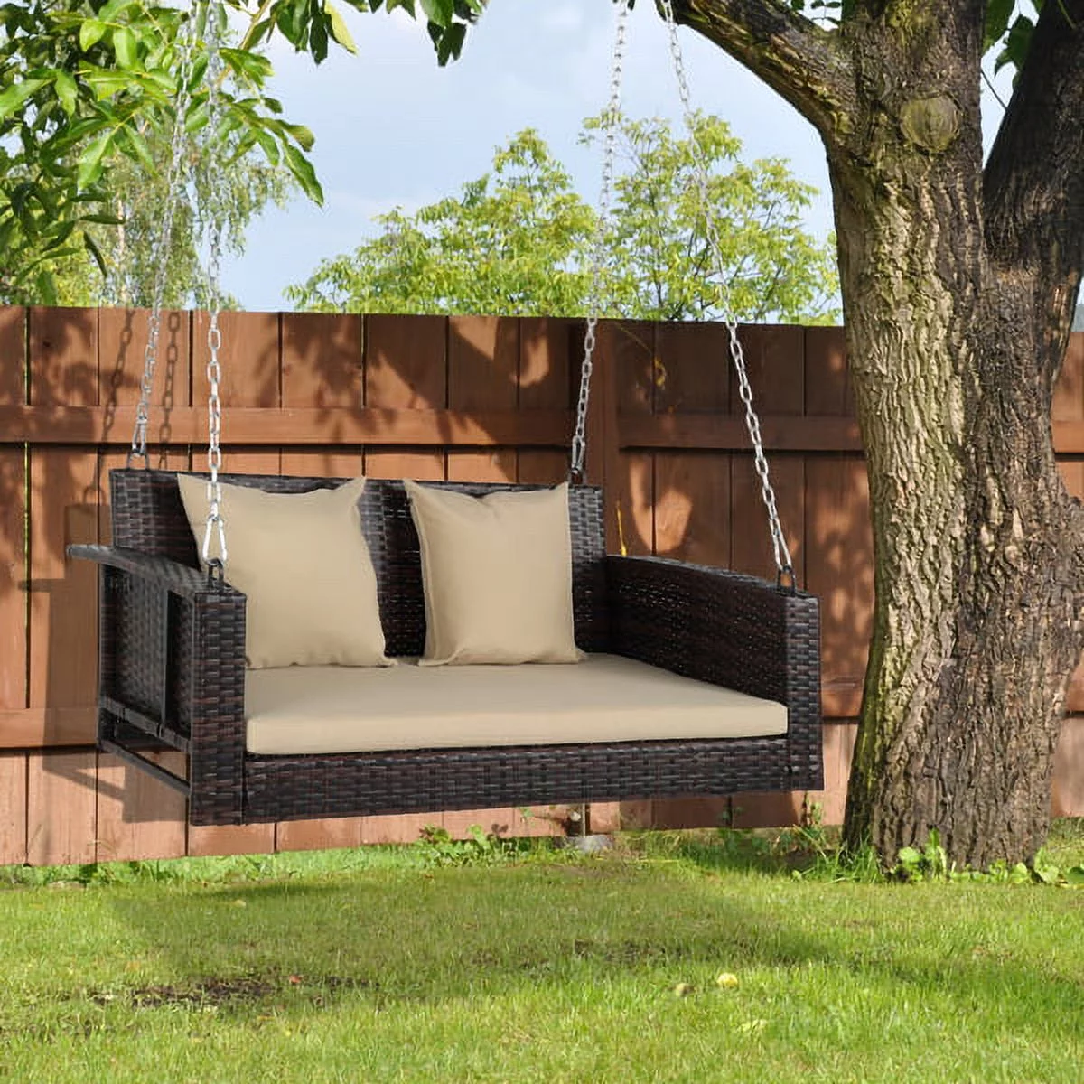 Fithood 49in Brown Gradient Rattan Beige Cushion Rattan Swing Chair（Swing frames not included）