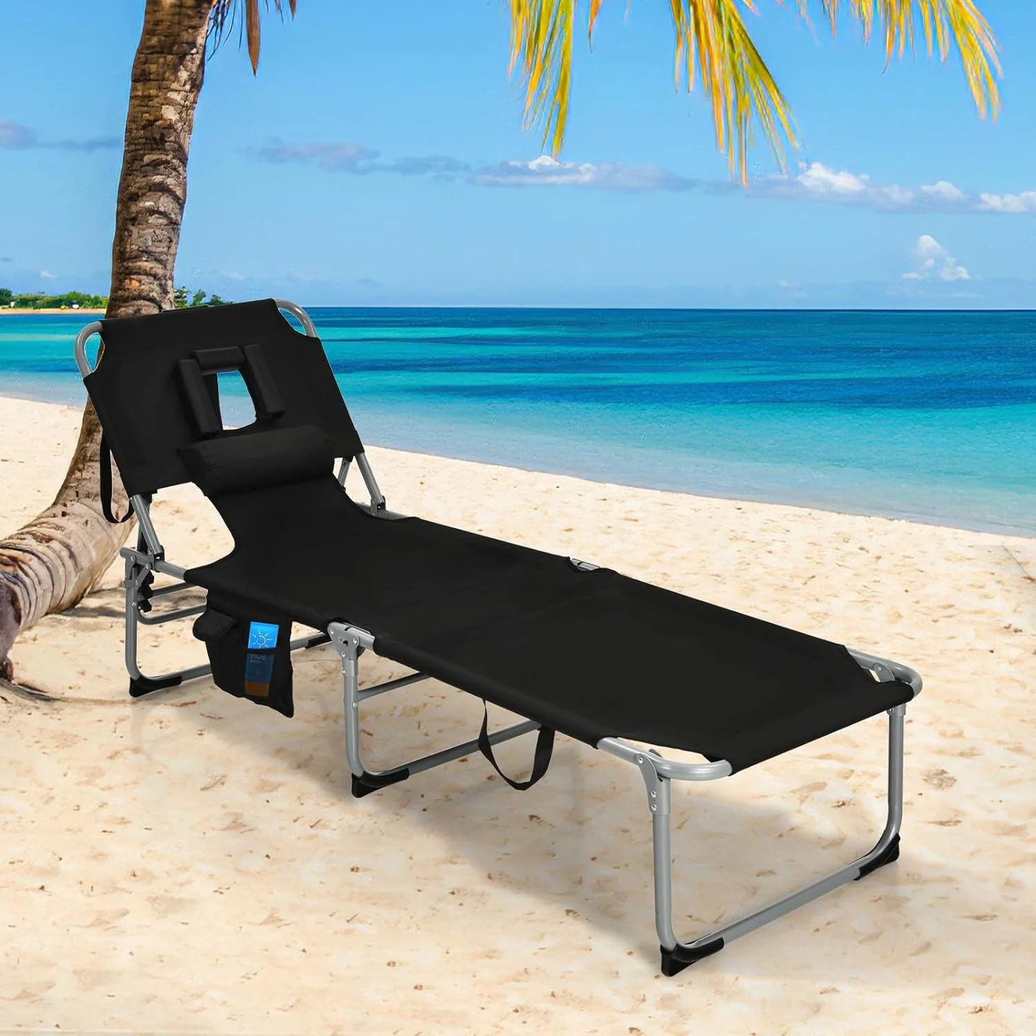 Goplus Tanning Chair, Folding Adjustable Patio Lounge Chair with Face Hole, Removable Pillow, 330LBS, Carry Strap, Outdoor Sunbathing Chair, Lightweight Portable Beach Lounge Chair (1, Black)