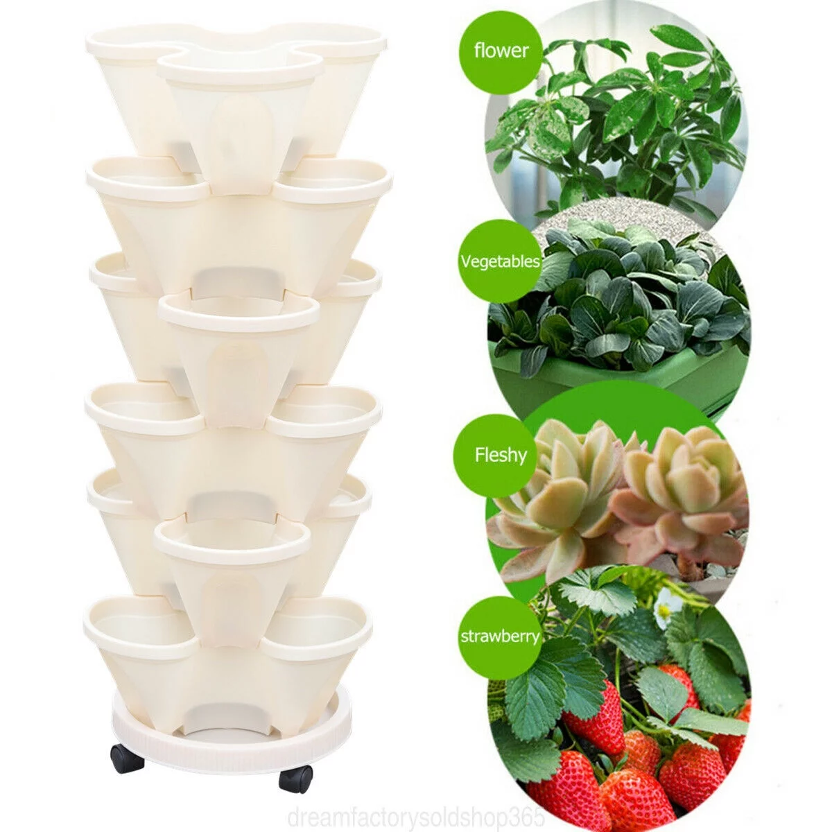 Miumaeov 6 Tier Vertical Garden Tower Plastic Milky Fit Plant Flower Veg Pots Stack