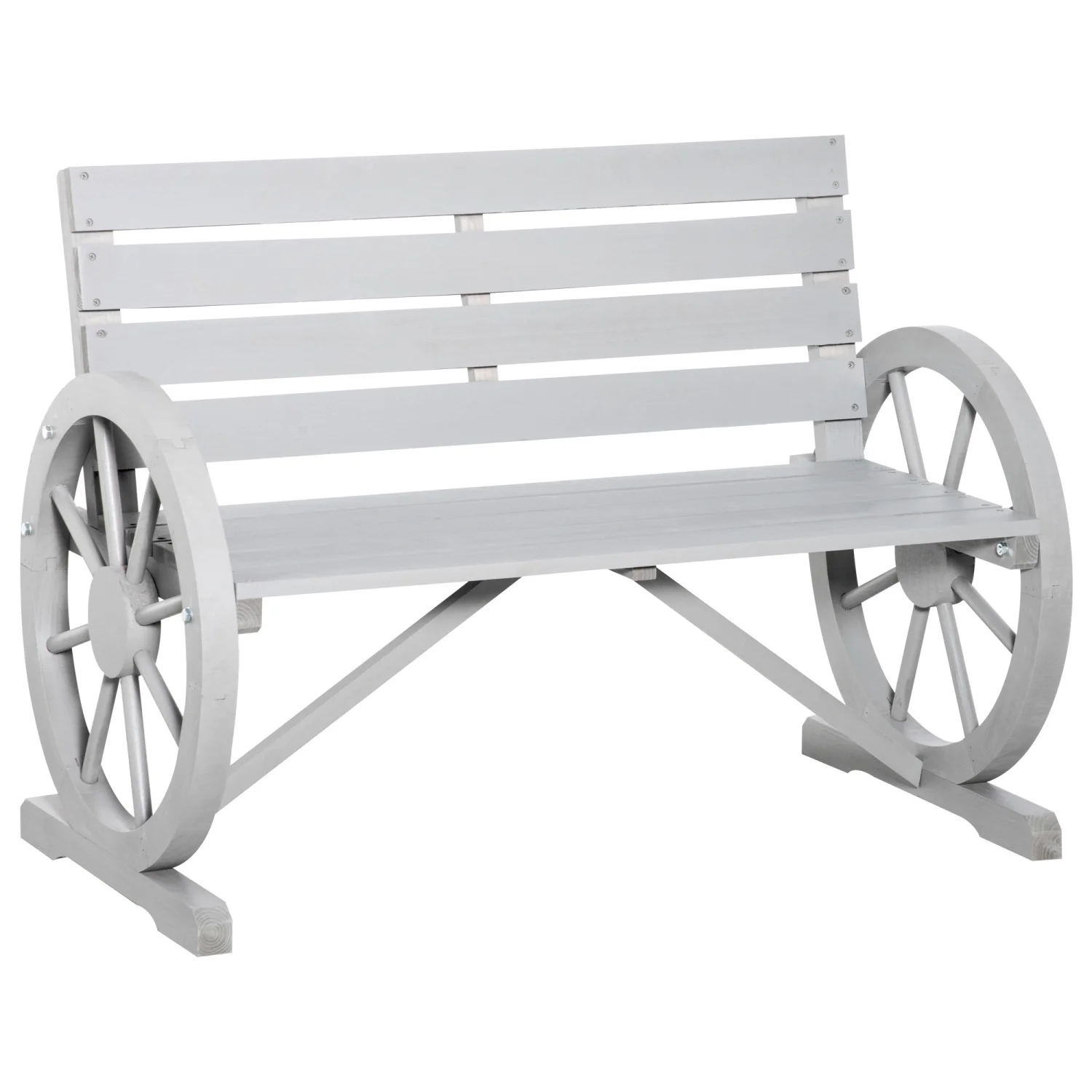 LEIYEHOOM 41” Wooden Wagon Wheel Bench  Rustic Outdoor Patio Weather Resistance   2-Person Slatted Seat Bench with Backrest  Light Gray