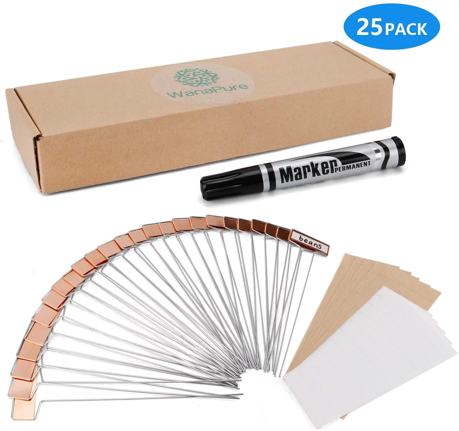 Wanapure 25PCS Copper Metal Plant Tags Plant Labels with 50Pcs Labels, Rainproof PET Film & Permanent Pen, 10