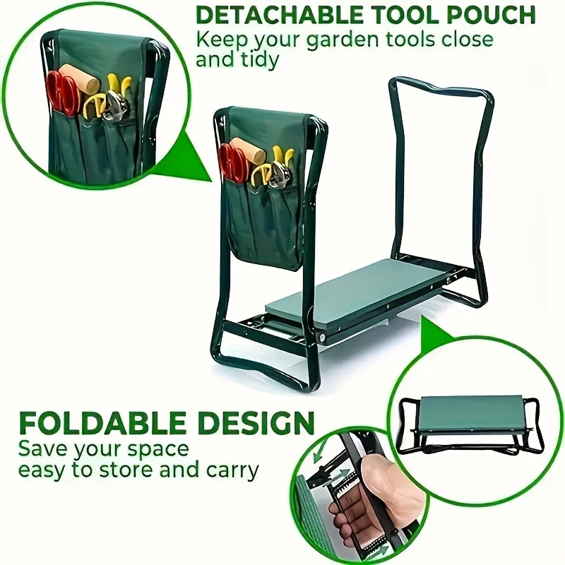 Foldable Garden Stool with Multi-Pocket Tool Bag - Durable & Comfortable for Planting, Grass Cutting, Camping & More - Portable Outdoor Utility Seat