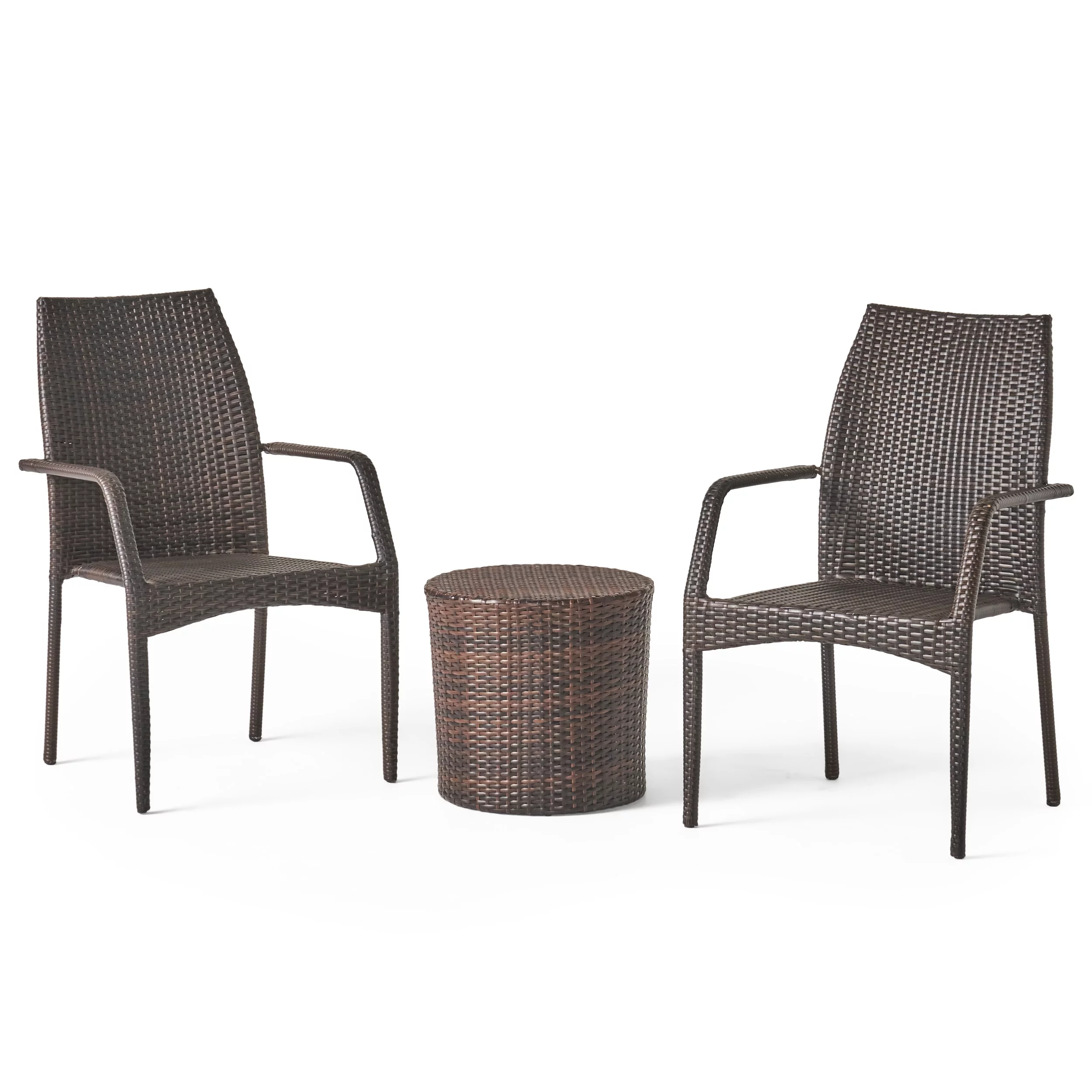 GDF Studio Blanca Outdoor Wicker 3 Piece Stacking Chair Chat Set, Multibrown