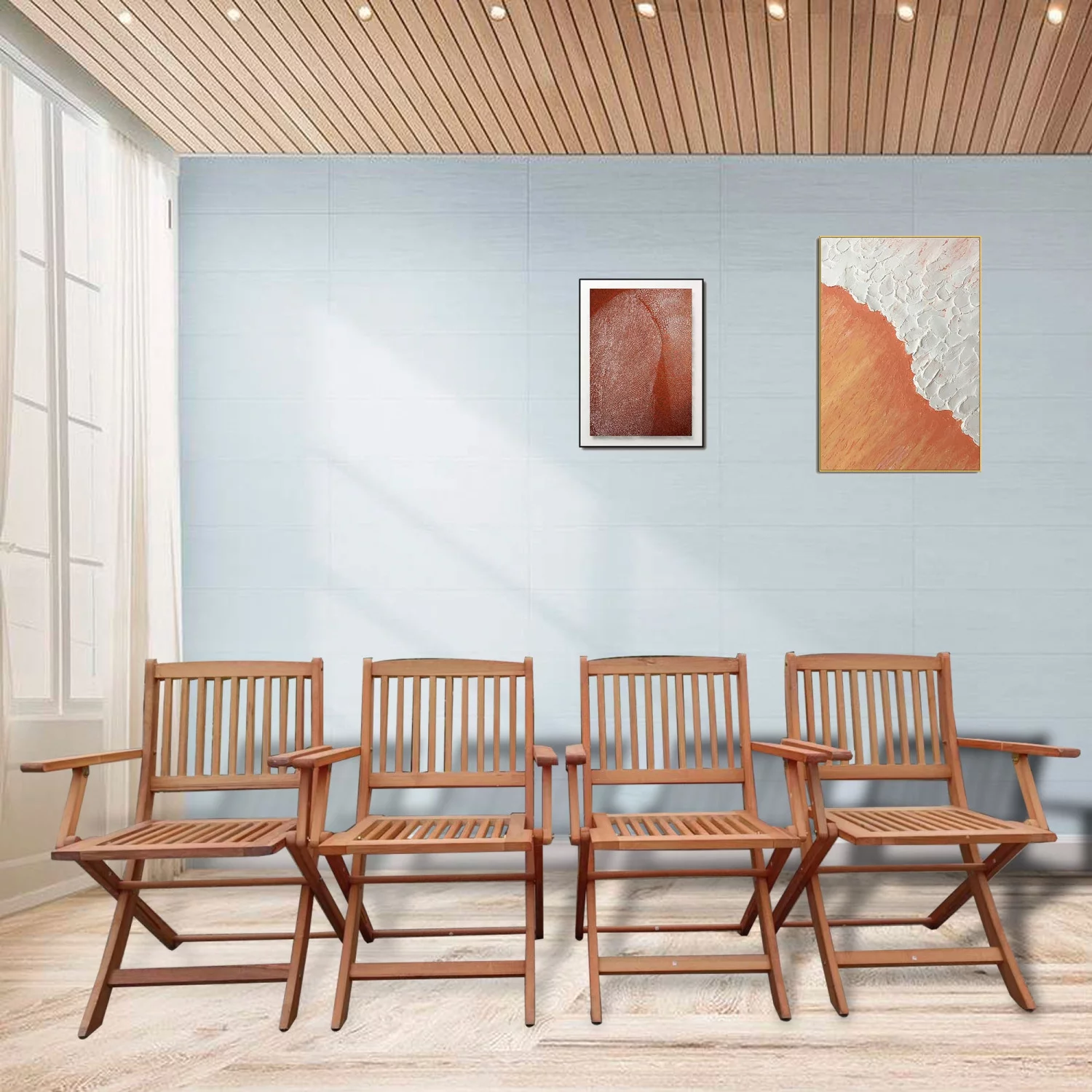 Stylish and Versatile Teak Patio Dining Set with 4 Foldable Chairs - Perfect for Indoor and Outdoor Spaces  Space-Saving Furniture Solution for Your Home