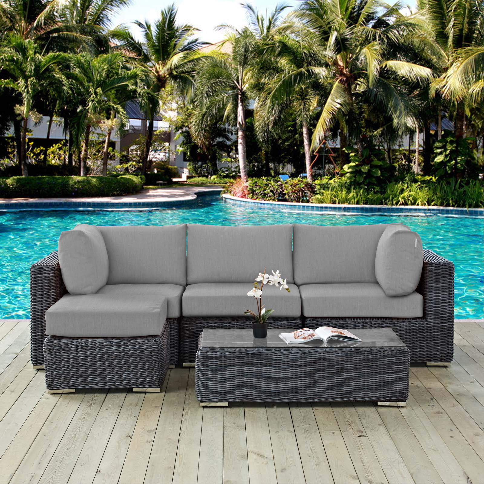 Lounge Sectional Sofa Table Set, Grey Gray, Rattan, Wicker, Outdoor Patio Balcony Cafe Bistro Garden Hospitality Restaurant, Modern Contemporary HB32781