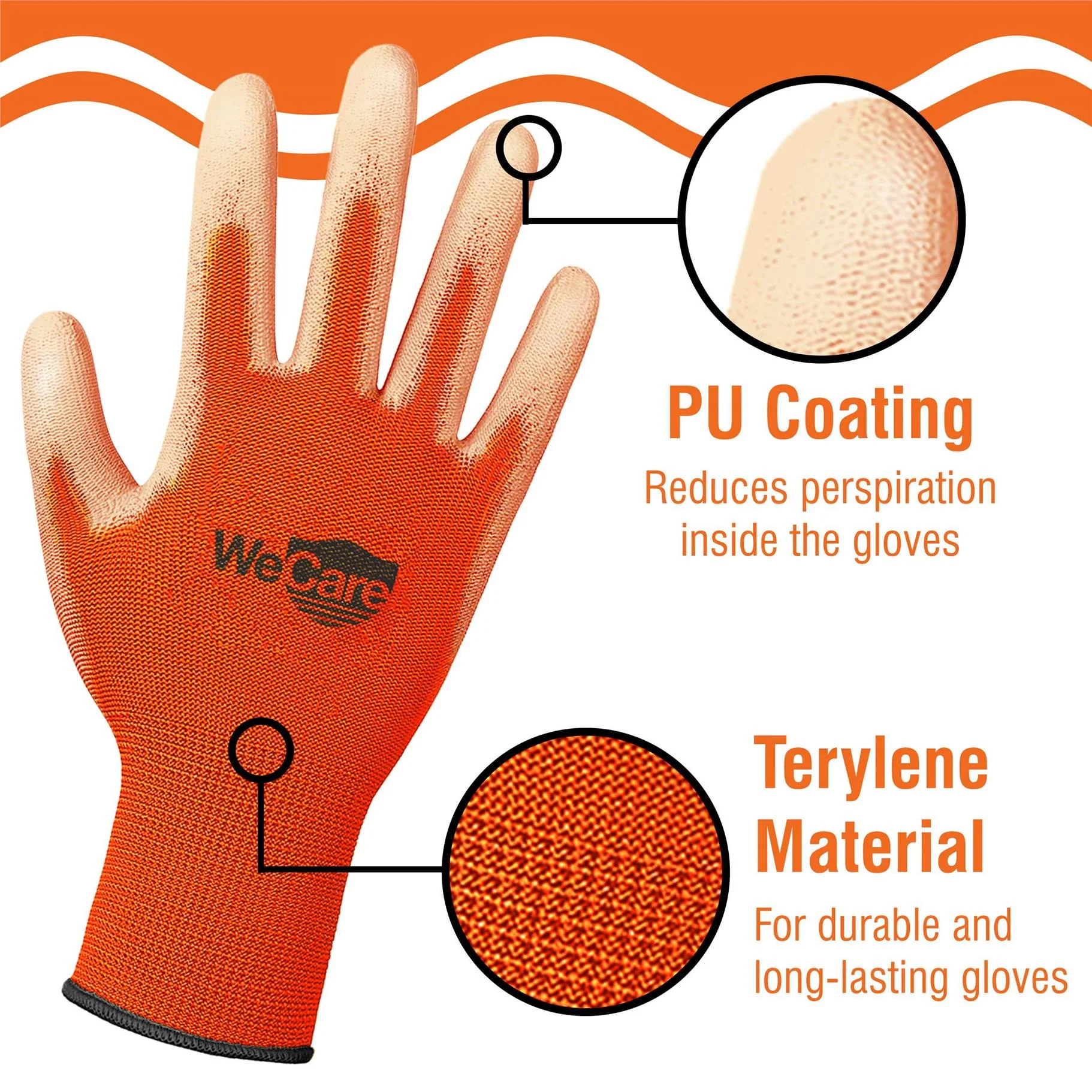 WeCare Orange Working Gloves with PU Coating (L) - 3 Pairs of Safety Work Gloves - Construction, Gardening, Electric Gloves