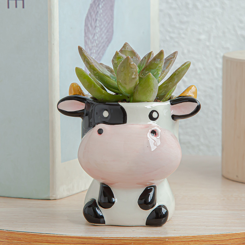Cute Nordic Style Mini Ceramic Animal Flower Pot for Succulents Plants - Adorable Sheep and Cow Cartoon Design Bonsai Pots - Lovely Decoration