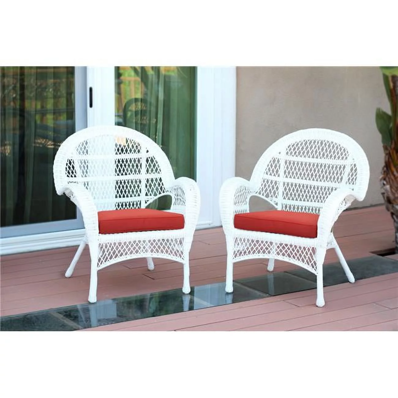 Jeco W00209-C-2-FS018-CS White Wicker Chair with Red Cushion - Set of 2