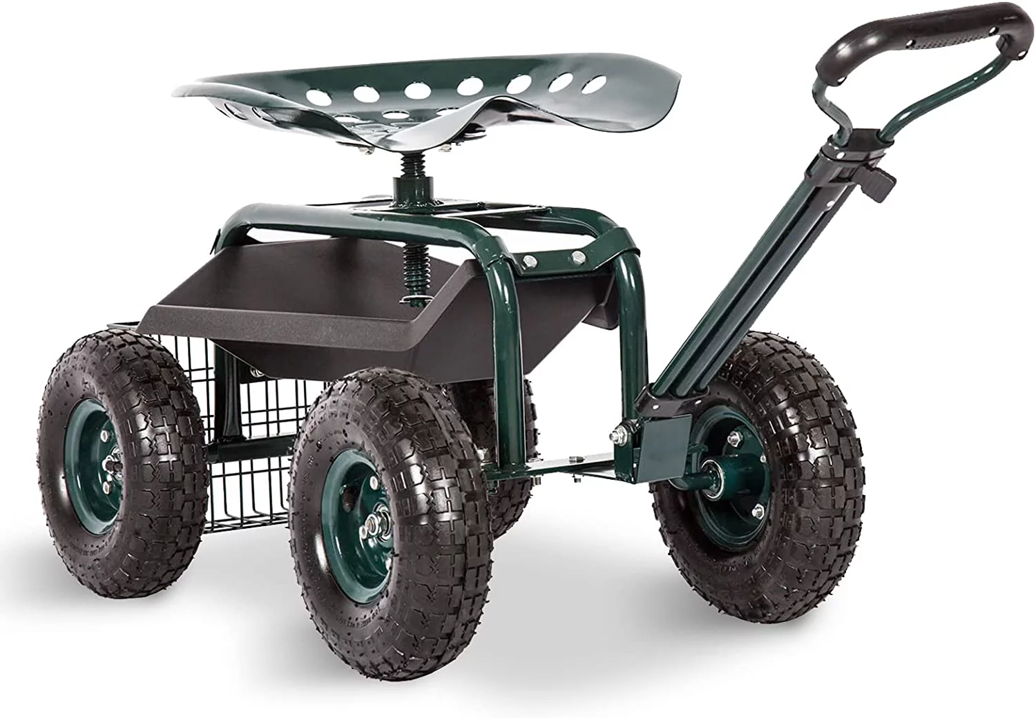 Gardening Workseat - Rolling Garden Cart Work Seat w/360 Degree Swivel Adjustable Seat, Storage Basket, Steering Handle, 4 Wheels, Garden Scooter for Planting