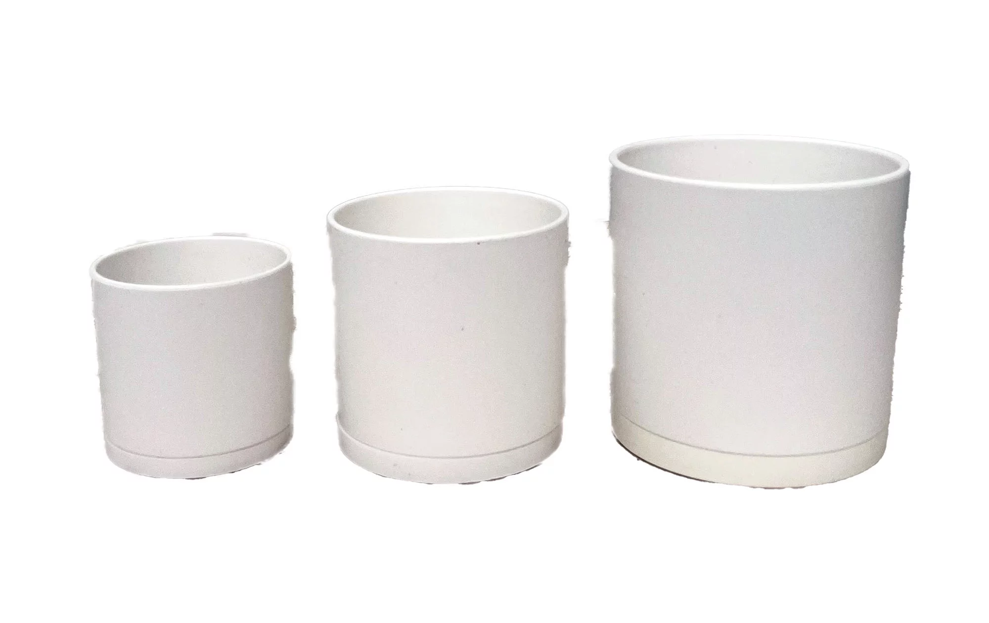 Modern White - Straight Cylinder Plastic Pots and Saucers - 3 Pack