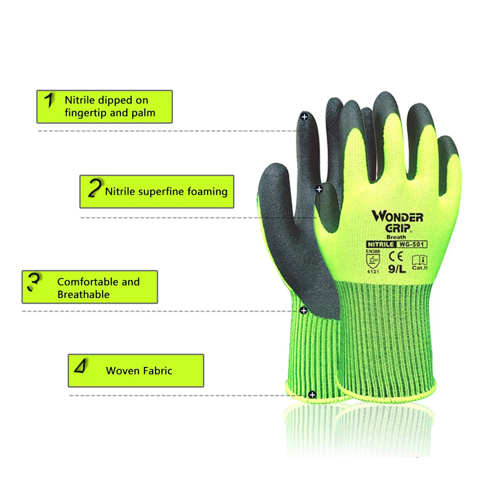 Wonder Grip Universal Nitrile Rubber Gardening Gloves Household Cleaning Gloves Light-duty Safety Work Gloves Breathable for Men Women with Elastic Wrist, XL Size