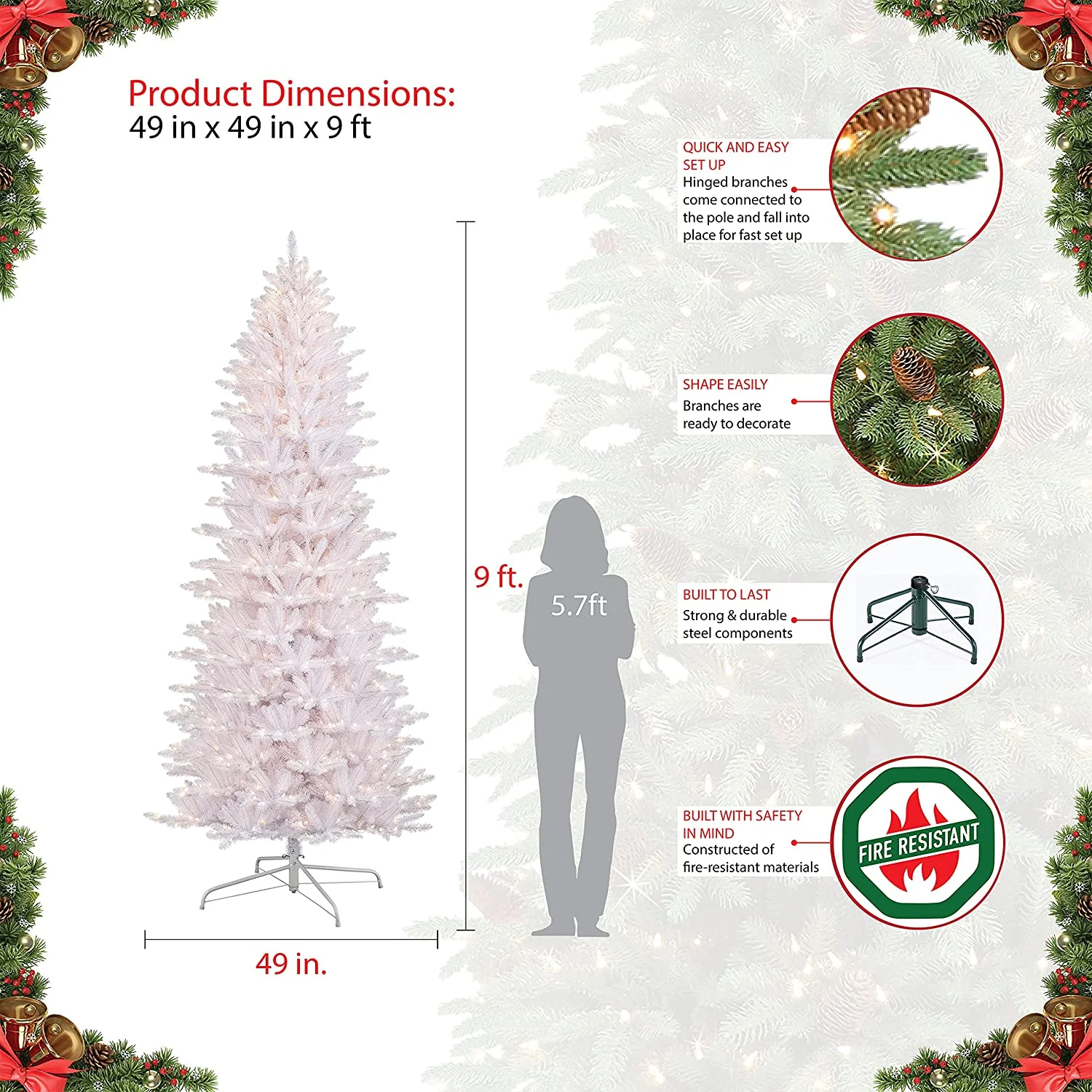 HYUN 9 Foot Pre-Lit Slim White Fraser Fir Artificial Christmas Tree with 800 Clear Lights