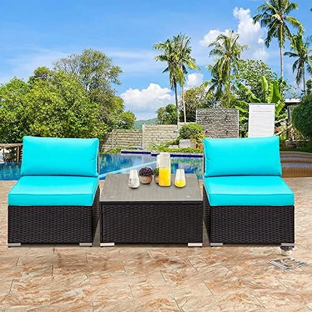 ASDRFYU 3-Piece Outdoor Patio  Set Bistro Rattan Conversation Chat Sets Armless All Weather PE Wicker Outside Chairs with Glass Coffee Table and Blue Cushions