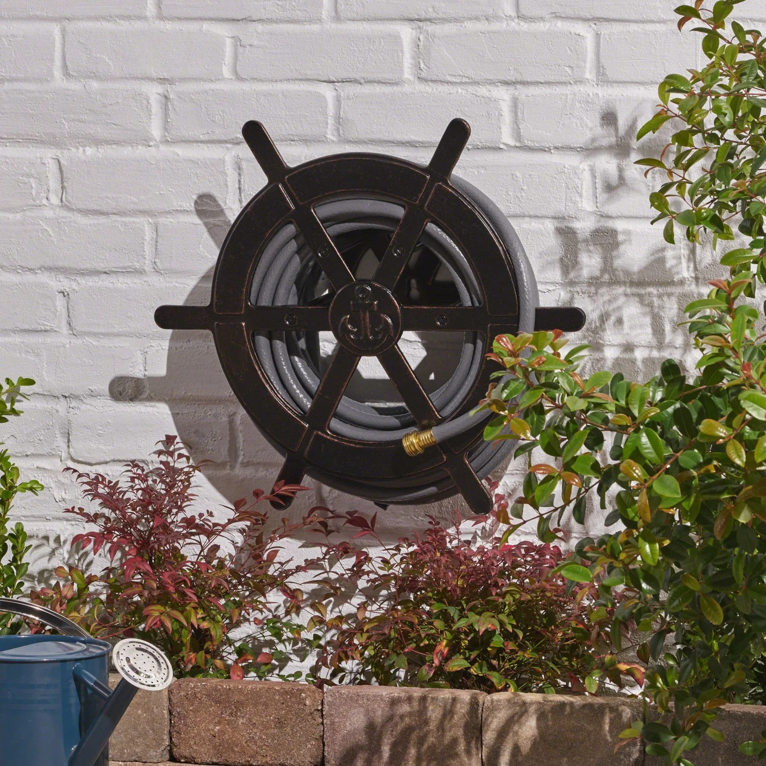 Elegant Copper Aluminum Ship Wheel 20” VANORA Hose Holder for Stylish Garden Organization and Storage in a Classic and Shiny Outdoor Style
