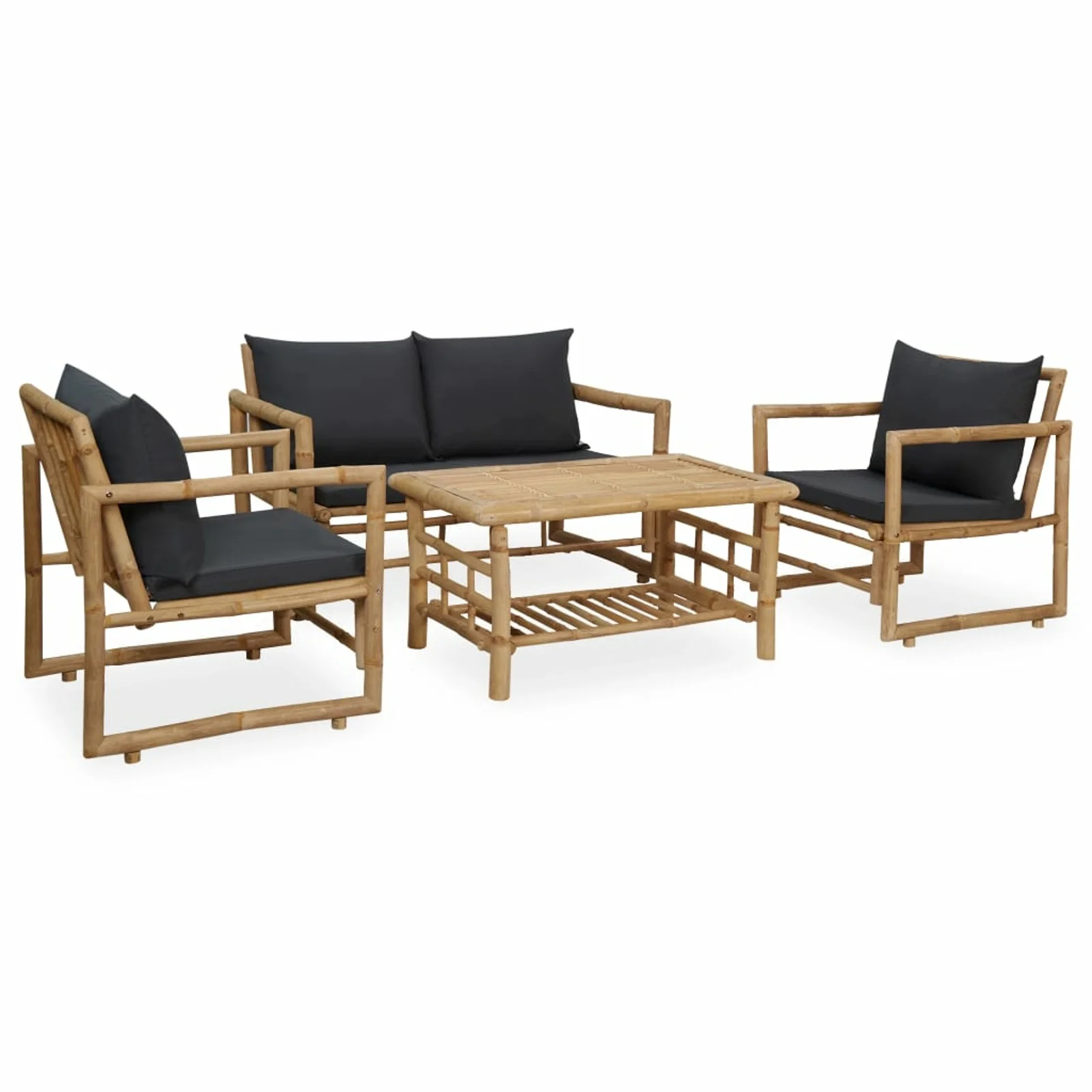 Dcenta 4 Piece Patio  Set Dark Gray Cushioned Bench with Table and 2 Chairs Bamboo Sectional  Furniture Set for Patio, Backyard, Poolside