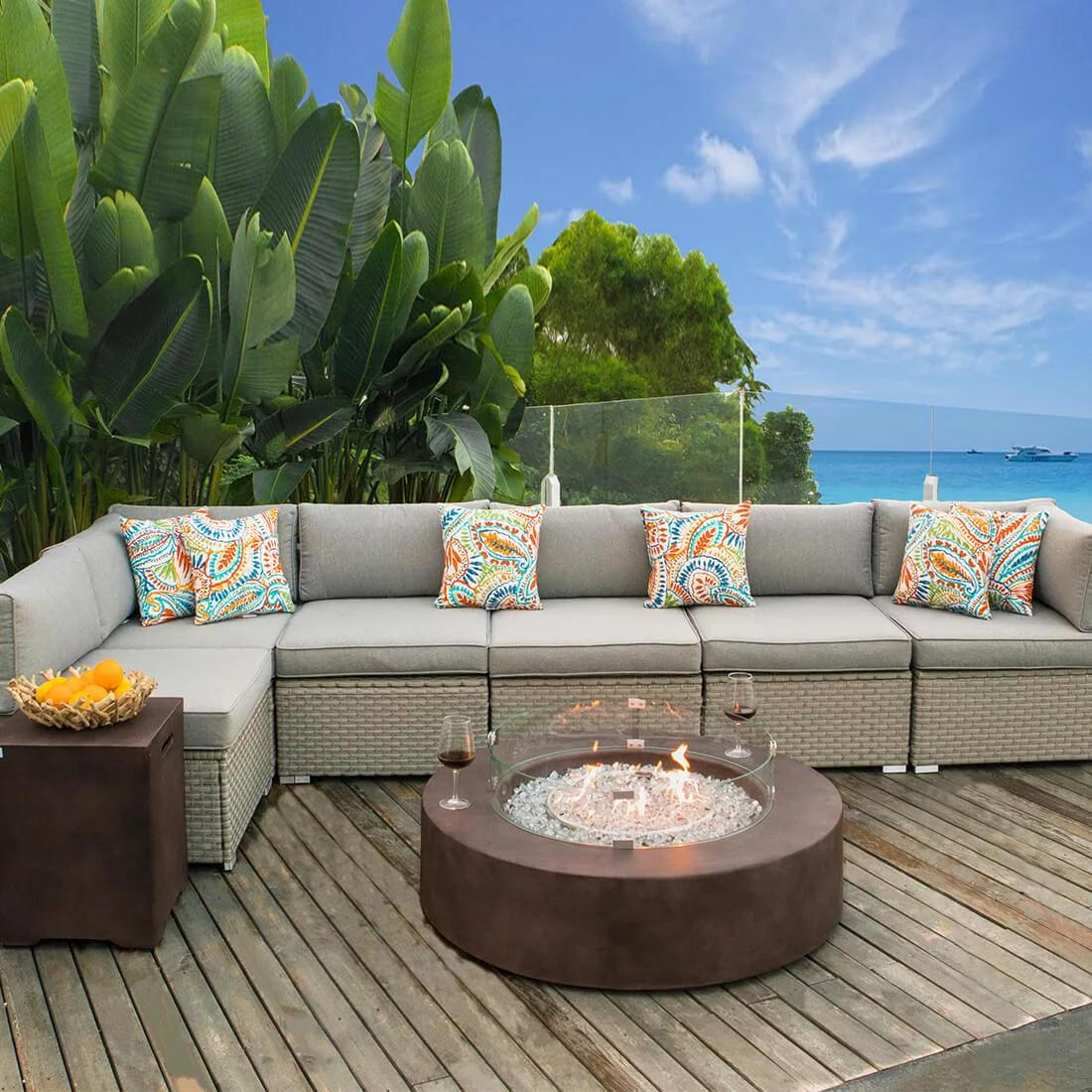 COSIEST 8-Piece Propane Fire Pit Table Outdoor Wicker Sofa Gray Furniture Set