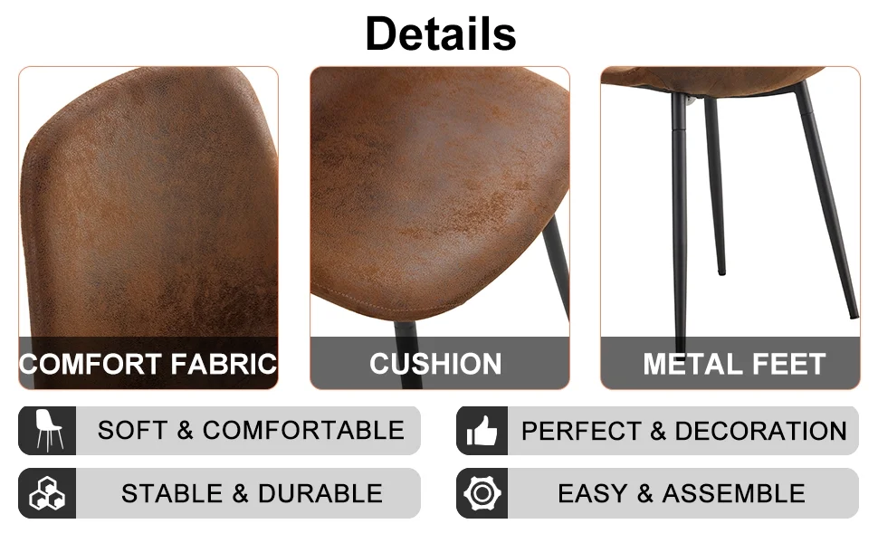 DeeHome A modern and practical circular dining table. Made of MDF tabletop and wooden MDF table legs. A set of 6 brown cushioned chairs. CT-403 B0501A