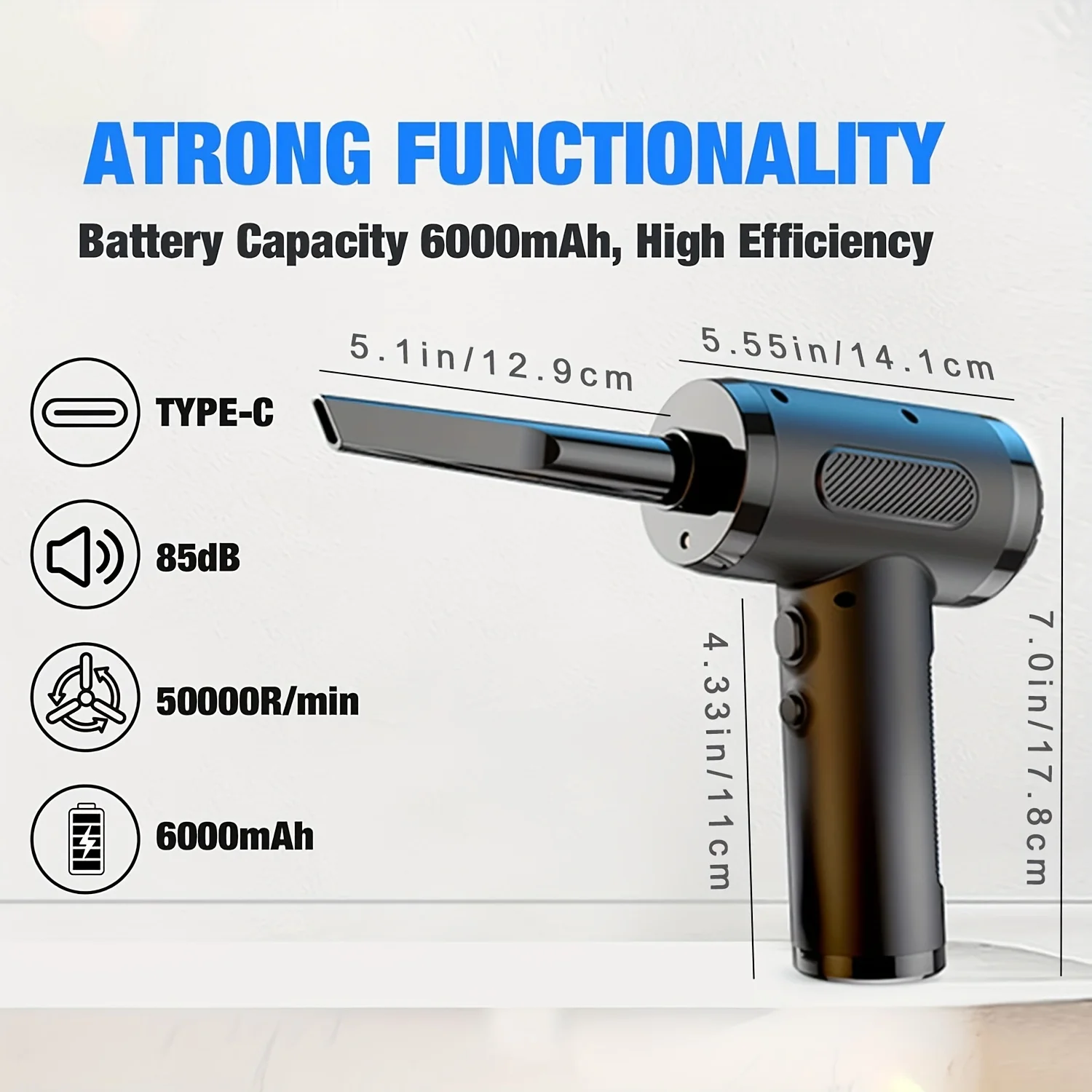 Portable Cordless Rechargeable Air Blower for Car Laptop Computer - 3-Speeds Compressed Air Duster Vacuum Kit - Powerful PC Cleaning Tool - Replaces Traditional Compressed Air Cans