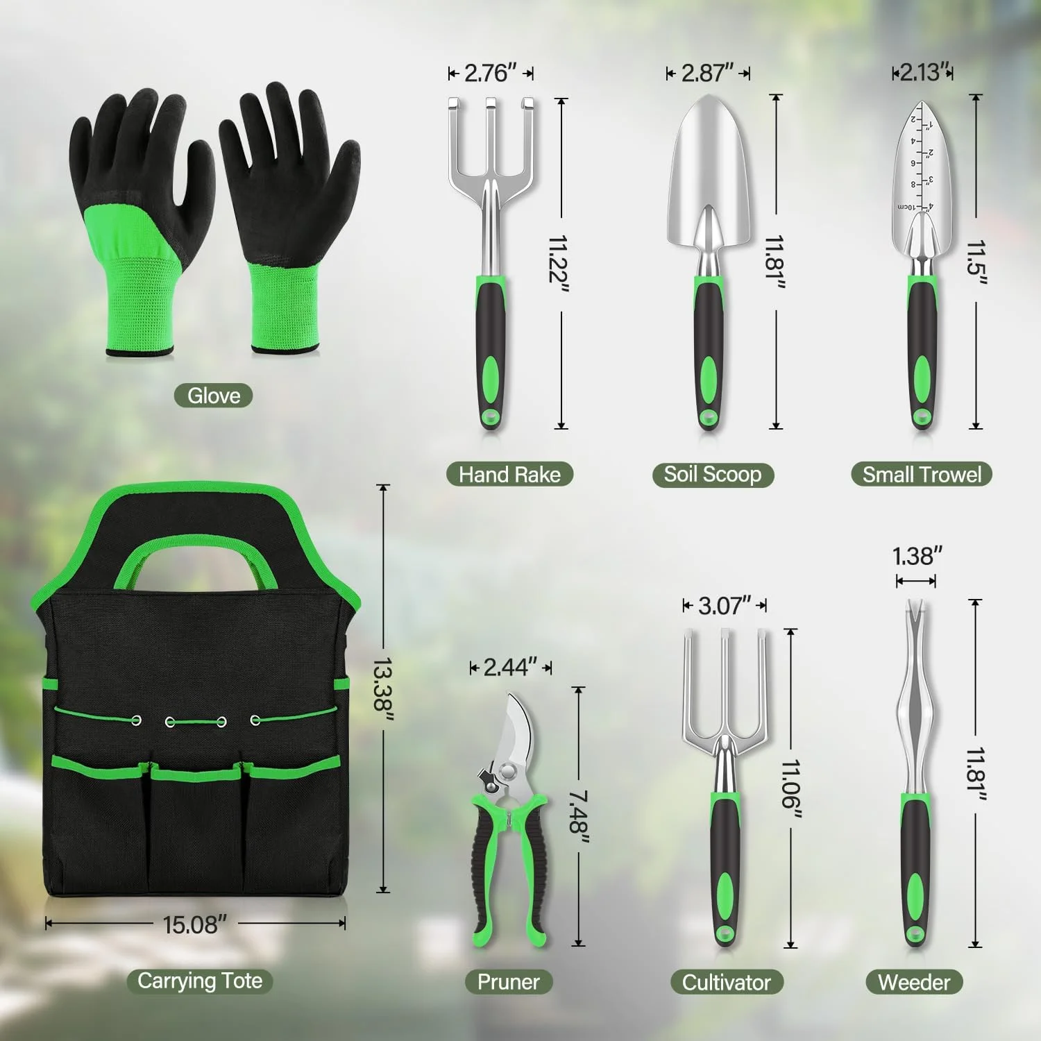 Garden Tool Set 8 Piece, Heavy Duty and Lightweight Aluminium Alloy Tools with Ergonomic Handle, Storage Tote Bag, Gardening Hand Tools, Gardening Gifts for Women and Men Green