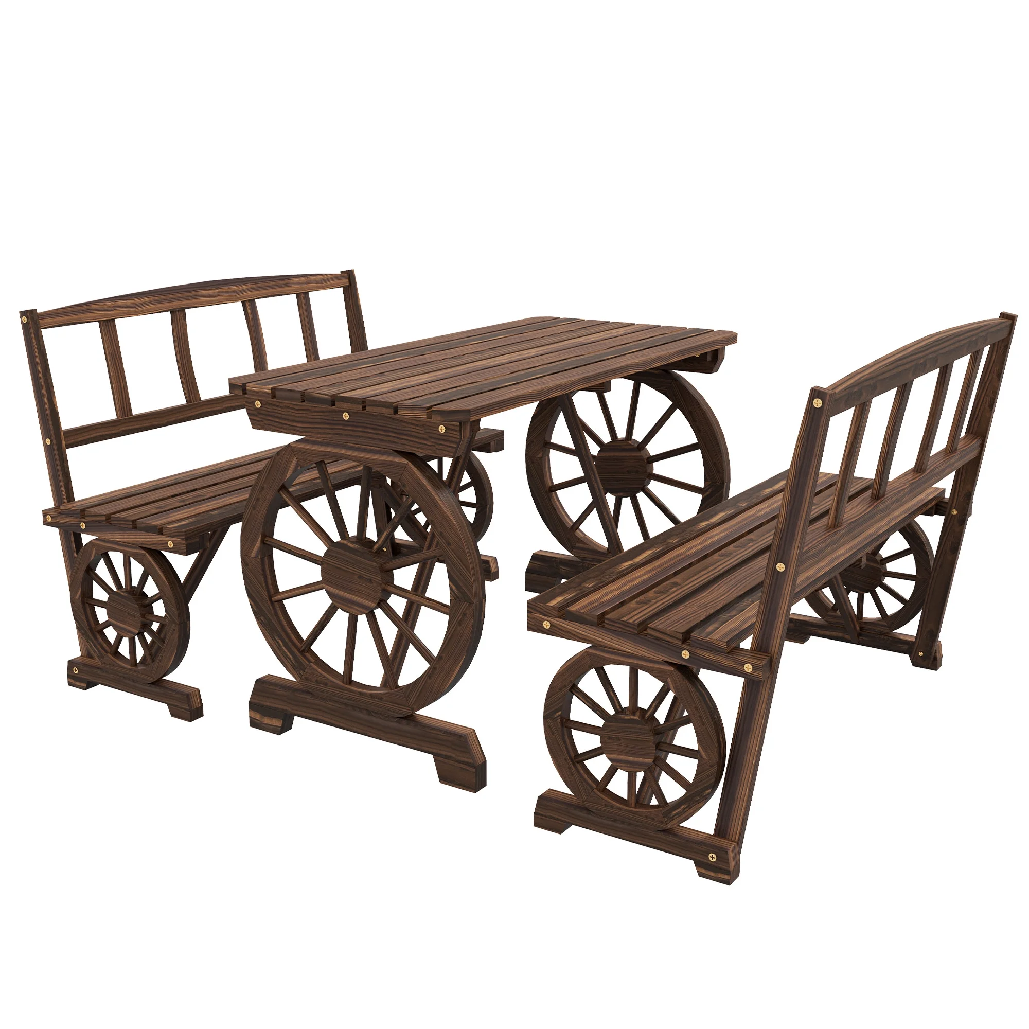 CoSoTower Outdoor Table and Chairs for 4 People, Wooden Patio Table and Dining Bench Set, 3 Piece All Weather Furniture Set with Wagon Wheel Design for Backyard Garden, Deck, Carbonized