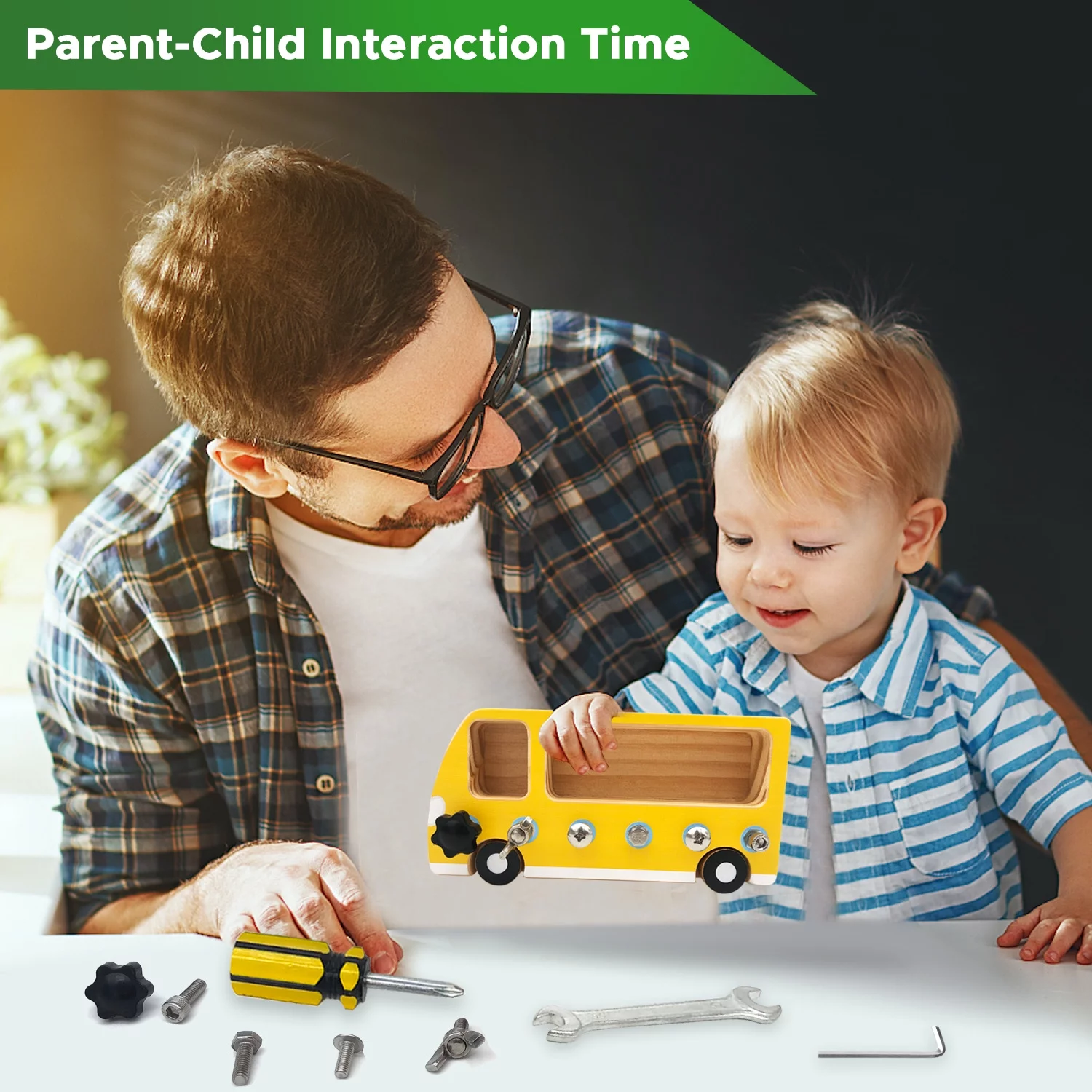 SGVV90 Montessori Screw Driver Board Busy Bus, Basic Skills Educational Learning Toys for Kids