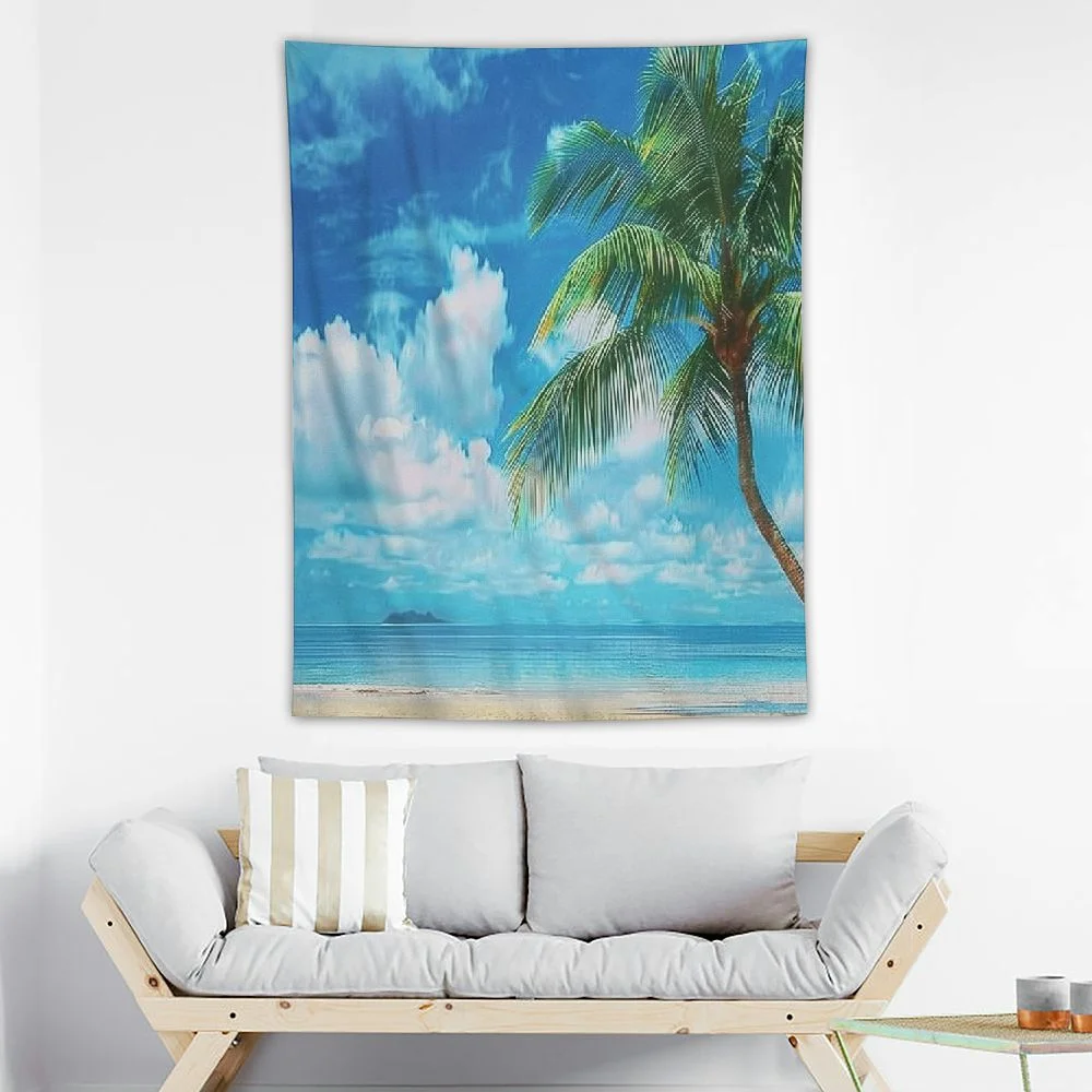 Cmefzd Ocean Tapestry Queen Size, Palm Tree Leaves in the Sand Beach Landscape Graphic Print, Wall Hanging Bedspread Bed Cover Wall Decor, Cream Green 30x40in