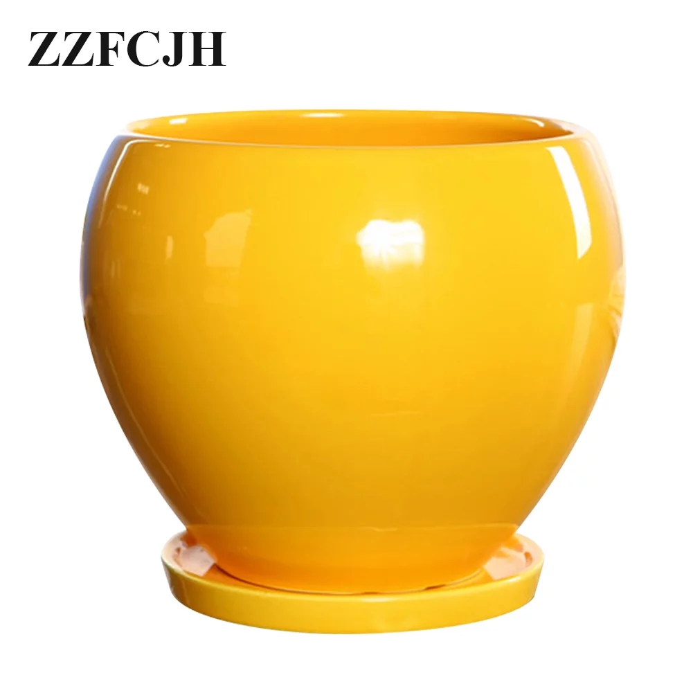 ZZFCJH Flowerpots, Round Ceramic Planters Modern Decorative Flower Pots with Drainage Hole and Connected Saucer