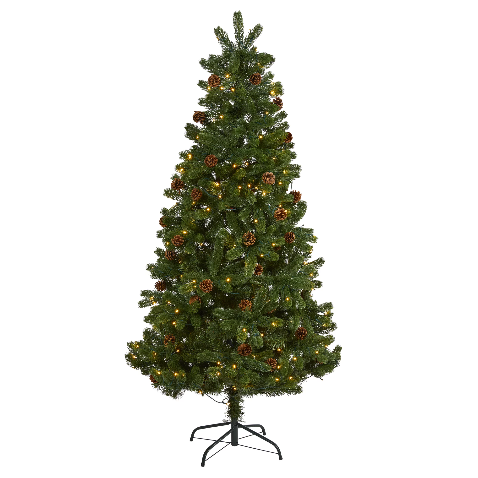 Nearly Natural 6' Green Spruce Artificial Christmas Tree with Pinecones Prelit 250 Clear LED Lights